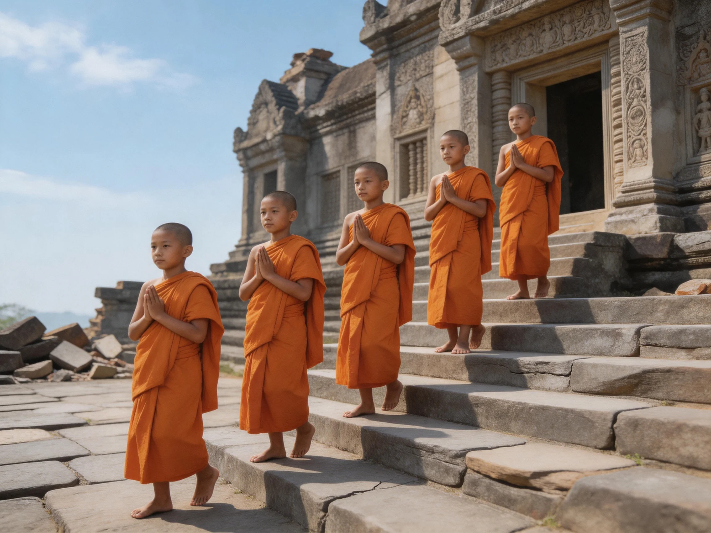 Five young monks in orange robes near an ancient stone temple