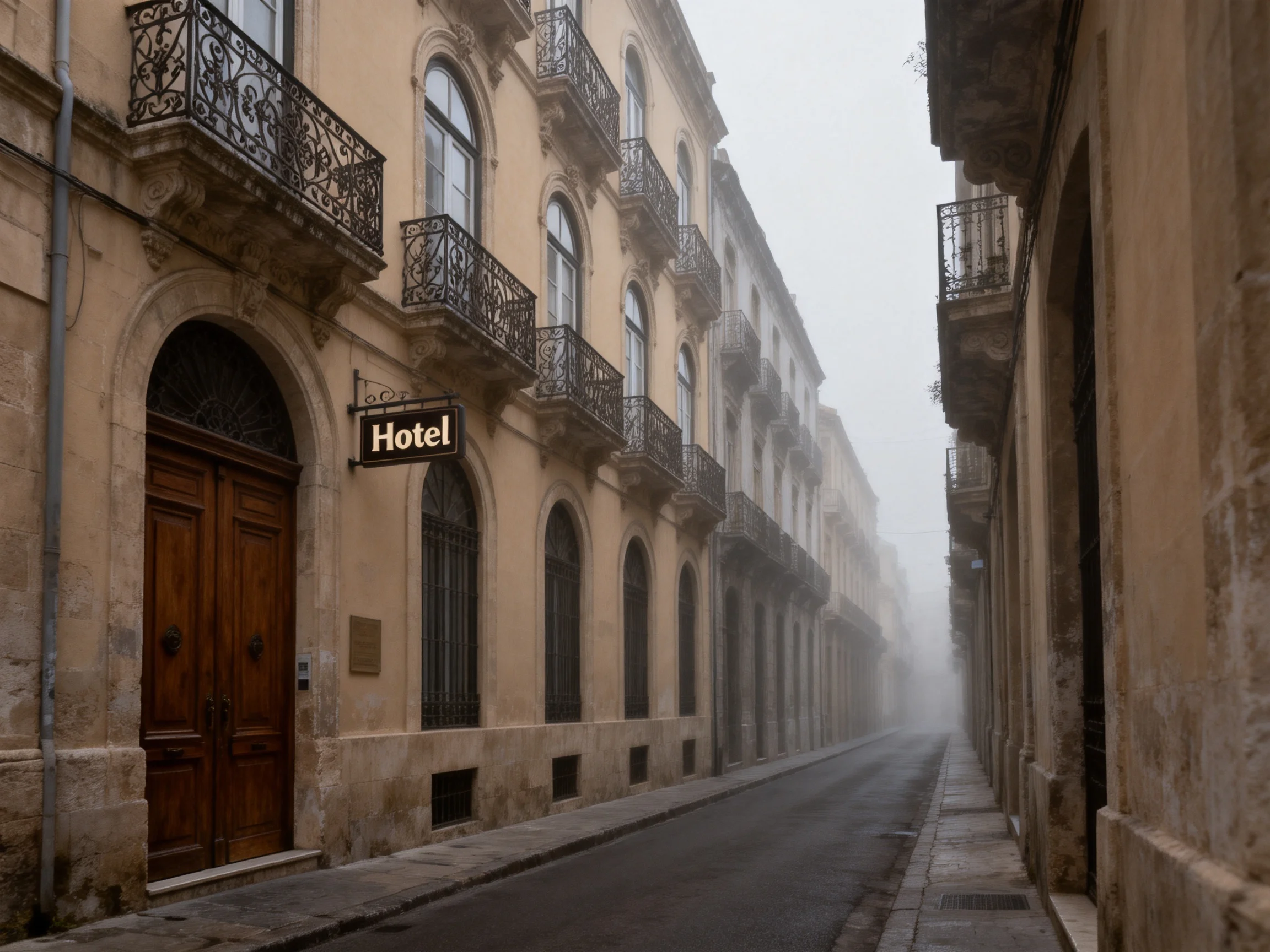 Foggy Historic Street with Ornate Buildings and Hotel Entrance