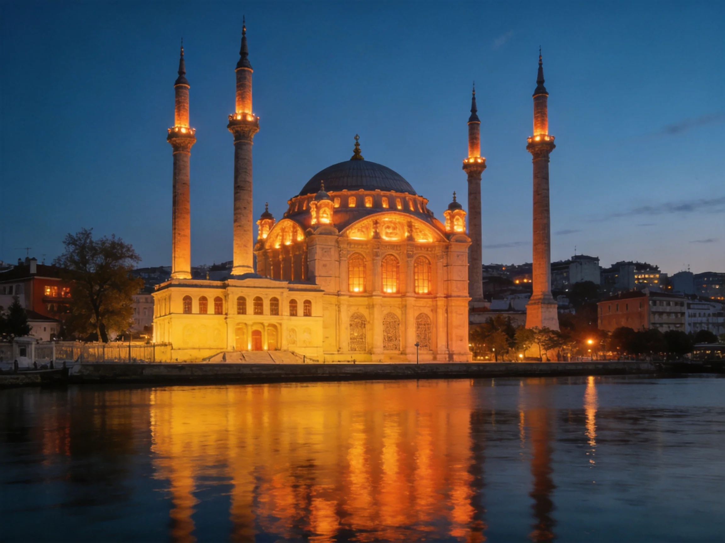 Four Minaret Mosque Illuminated at Dusk with Golden Lighting