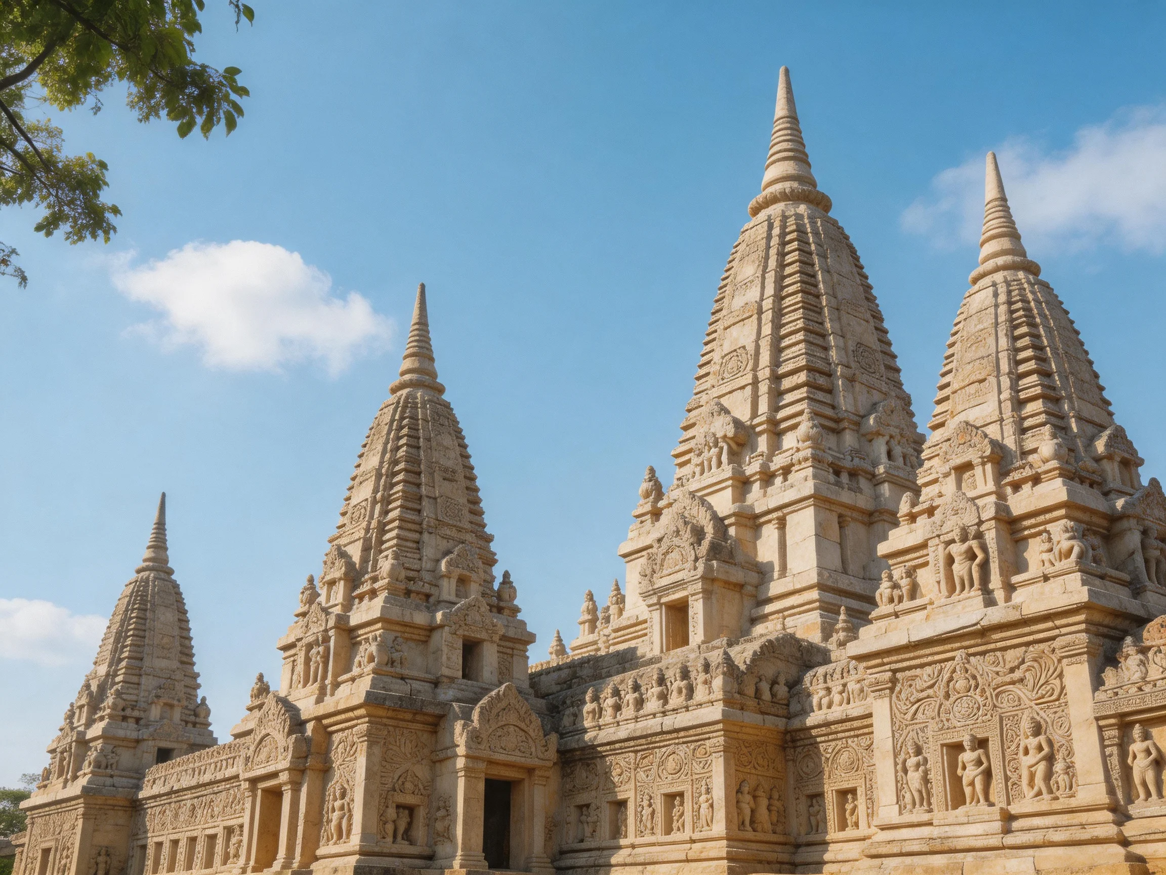 Four ancient stone temple spires with elaborate carvings under bright sky