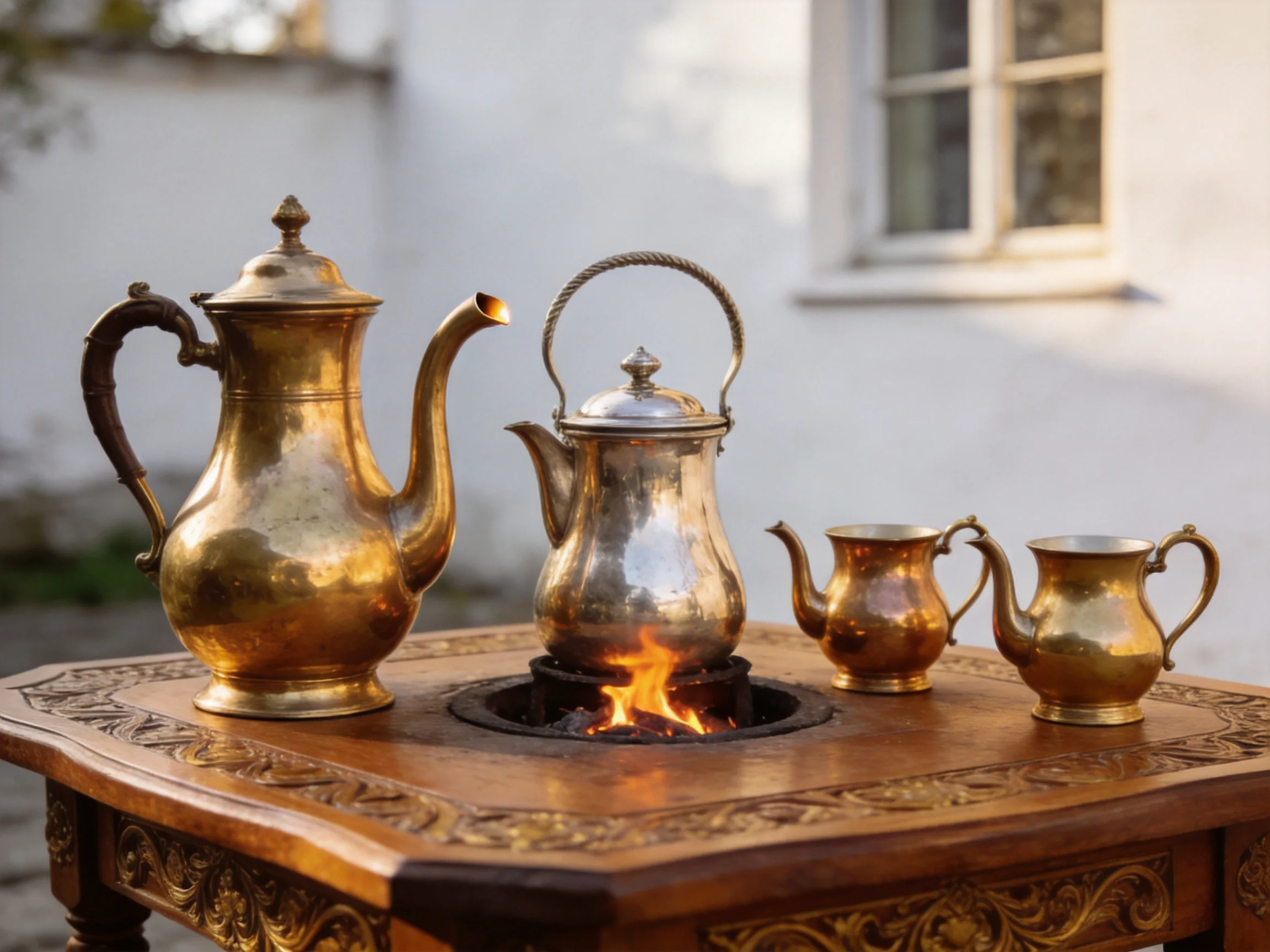 Four brass and silver teapots around a fire on a carved wooden table