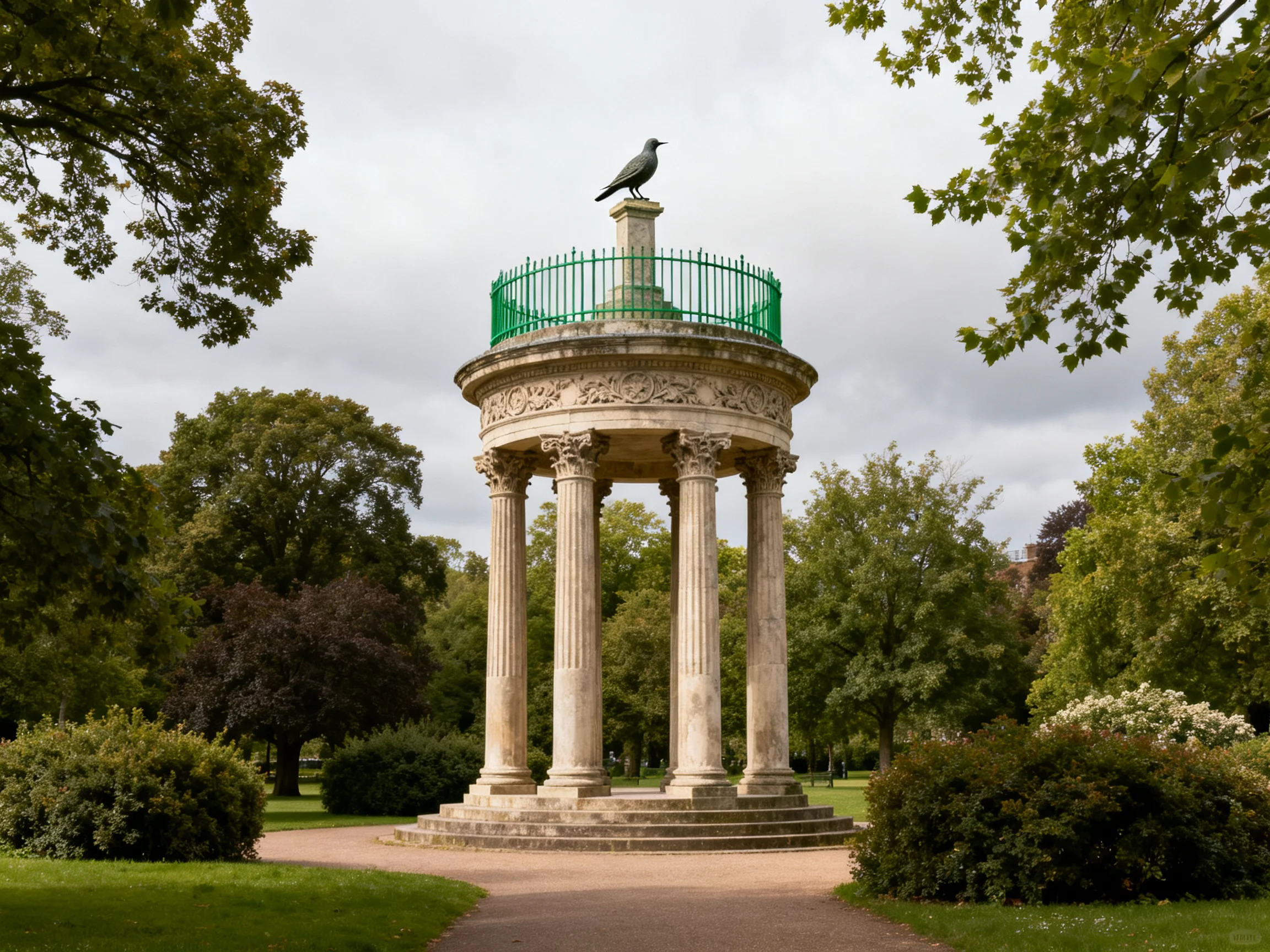 Four-columned stone monument with green railing and bird statue in a park