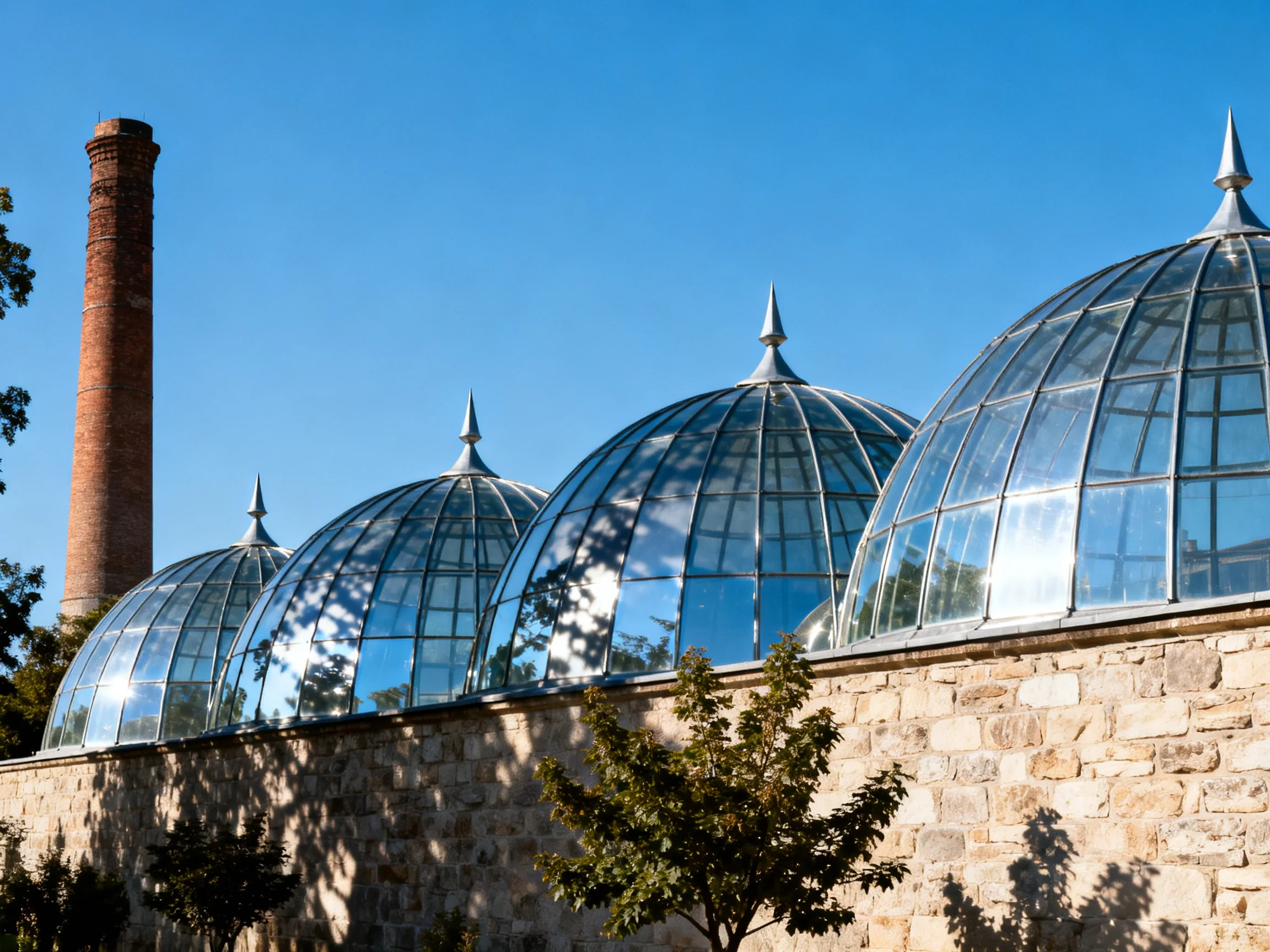 Four glass domes atop a stone wall near a tall brick chimney