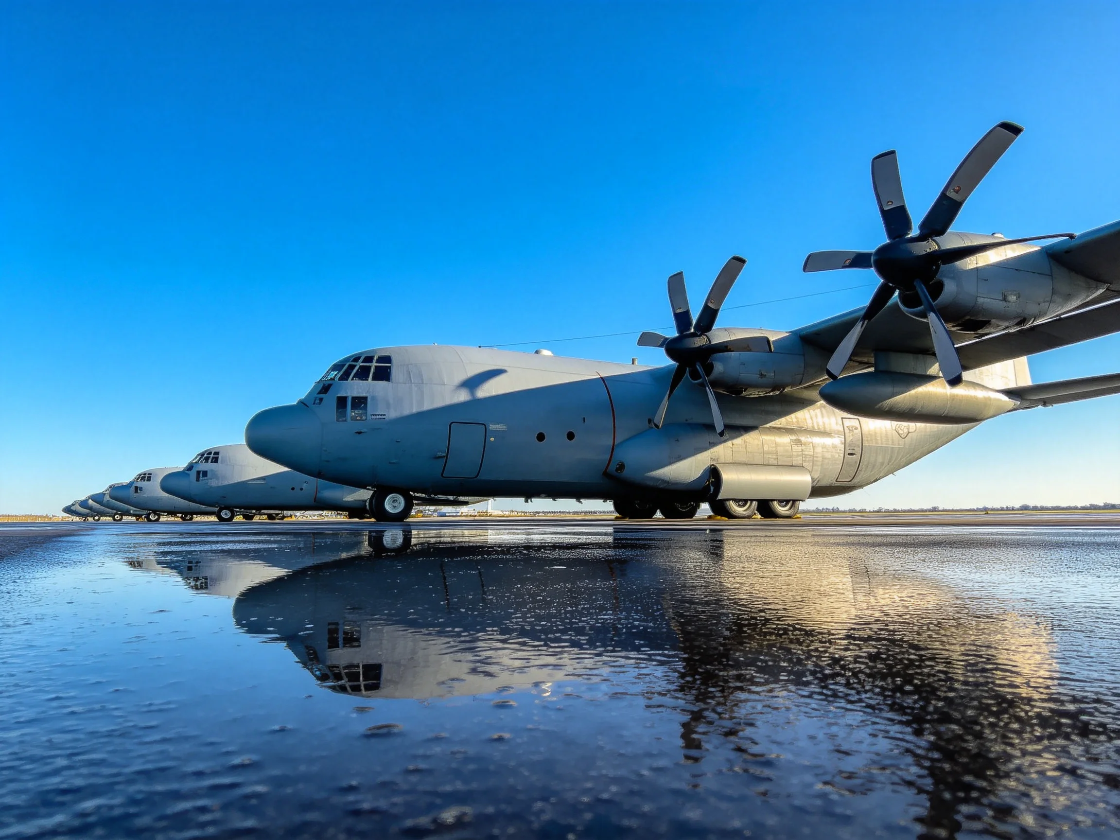 Four gray military transport planes lined on wet tarmac under clear blue sky
