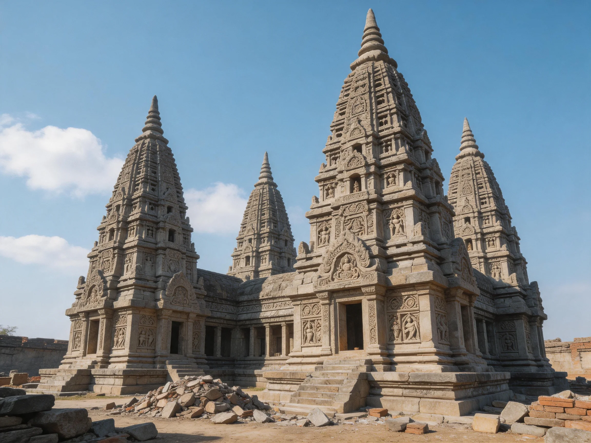 Four intricately carved stone temple spires in ancient ruins