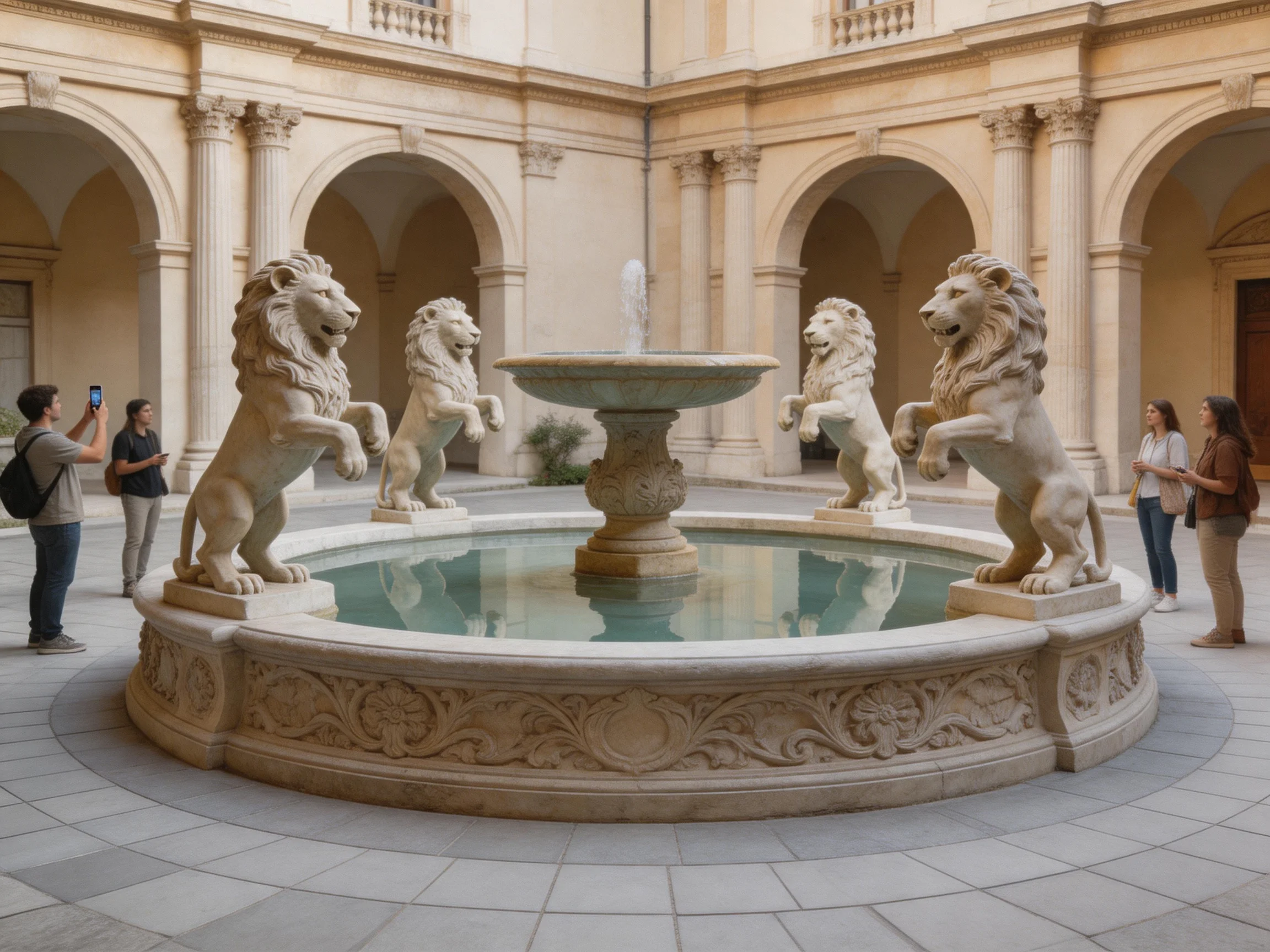 Four lion statues surround a central fountain in an ornate courtyard