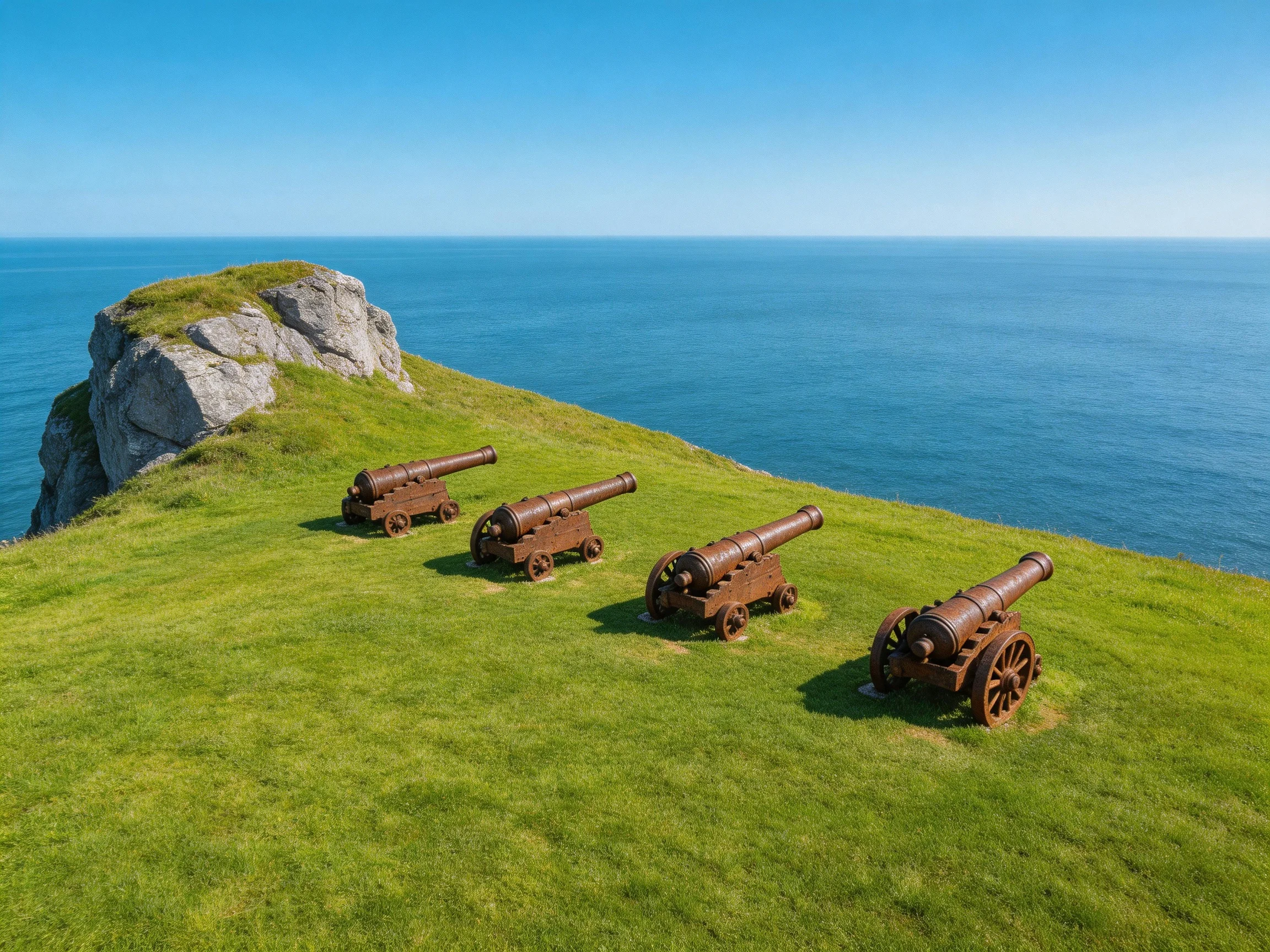 Four old cannons sit on a grassy cliff by the sea