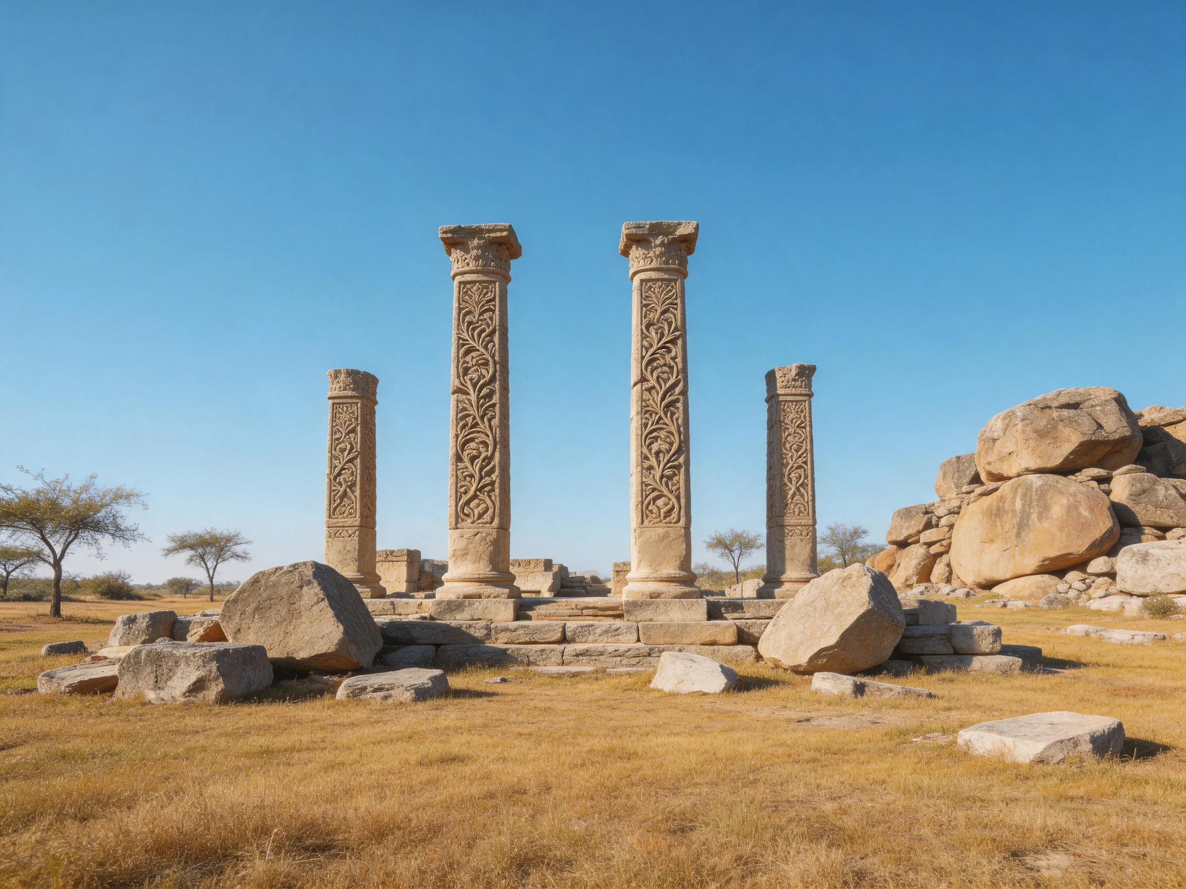 Four ornate stone columns stand among scattered rocks in a dry landscape.