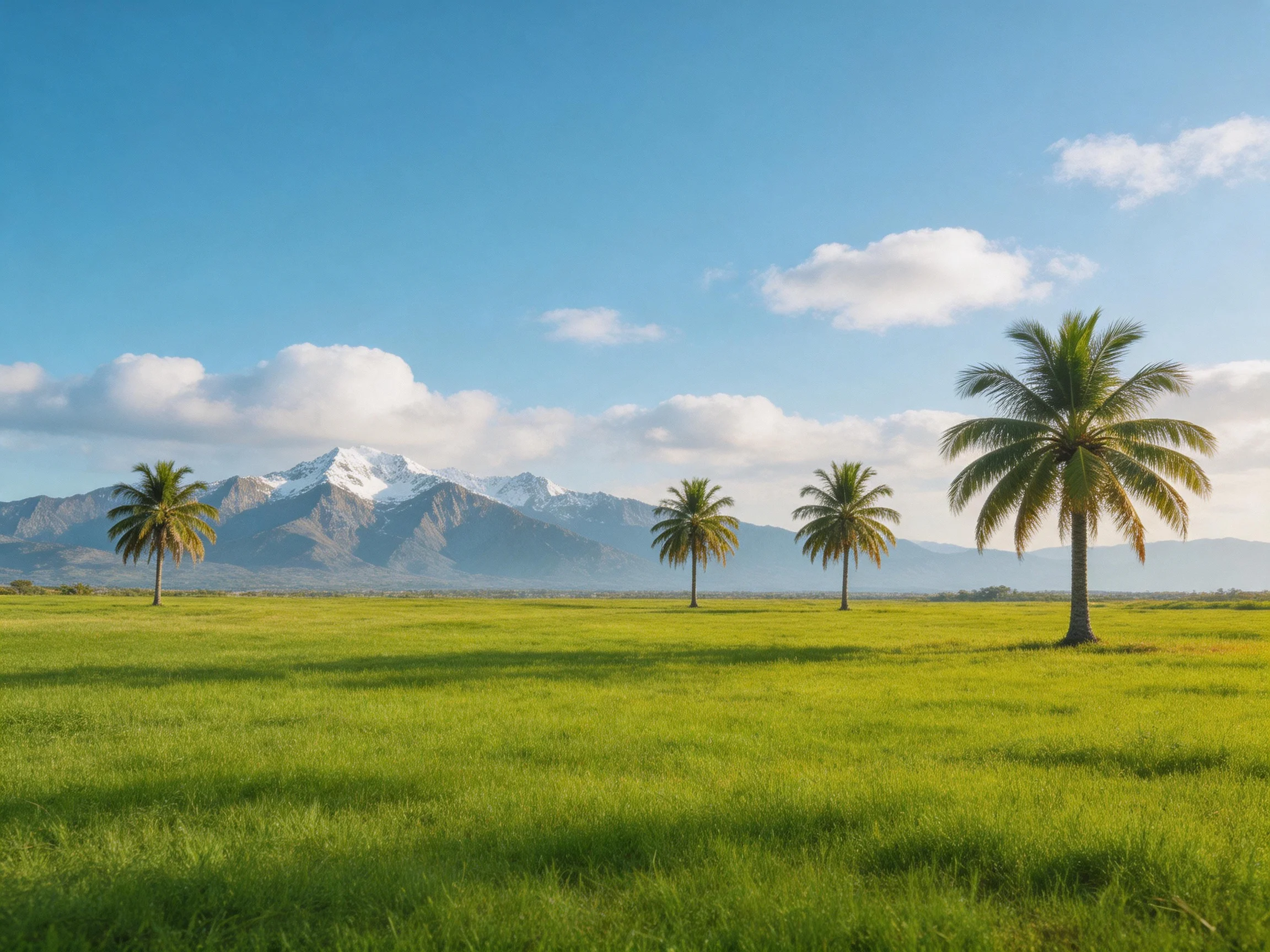 Four palm trees stand in a lush green meadow beside snow - capped mountains