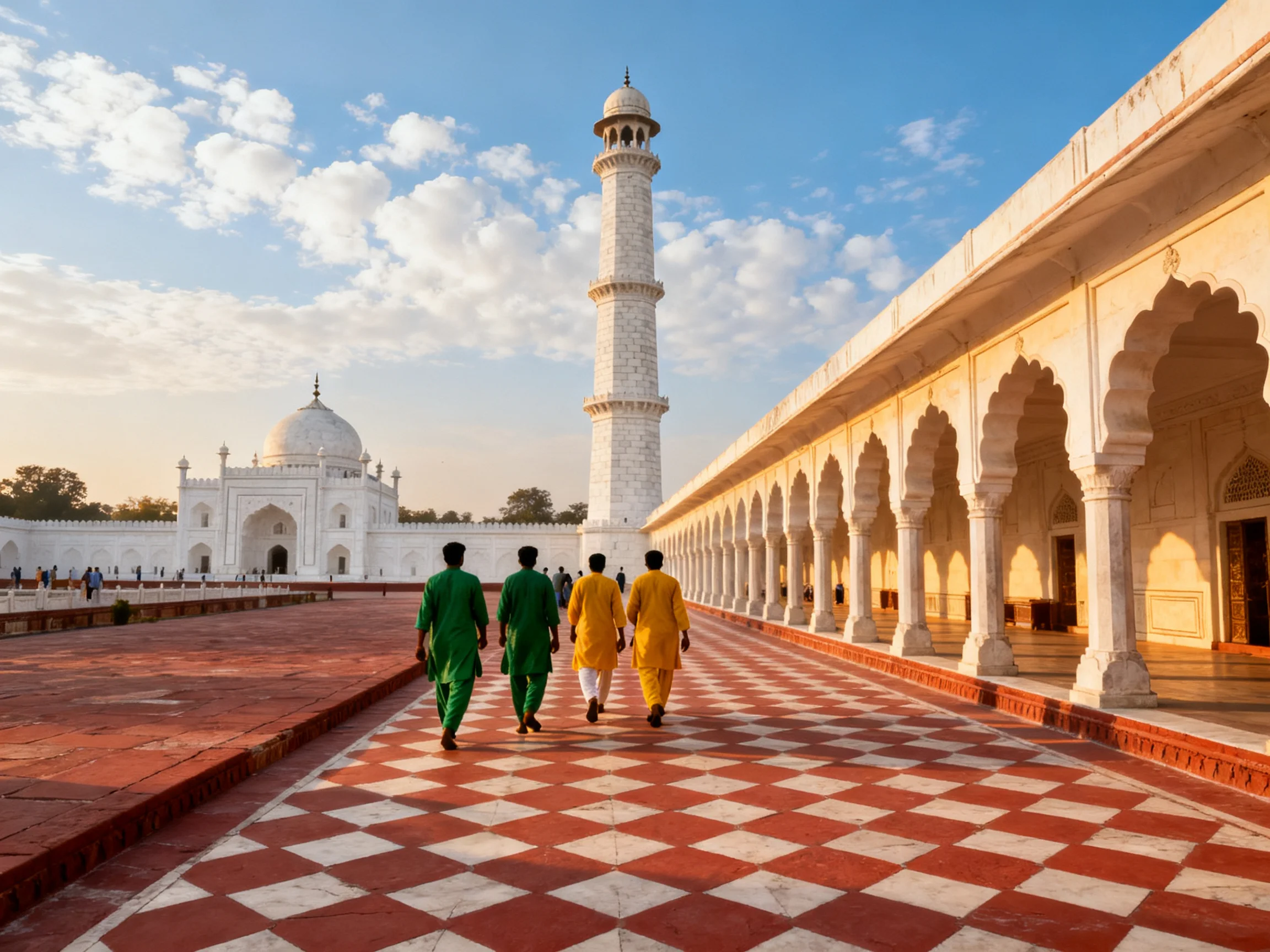 Four people in colored robes walk near a grand white mosque with a tall minaret