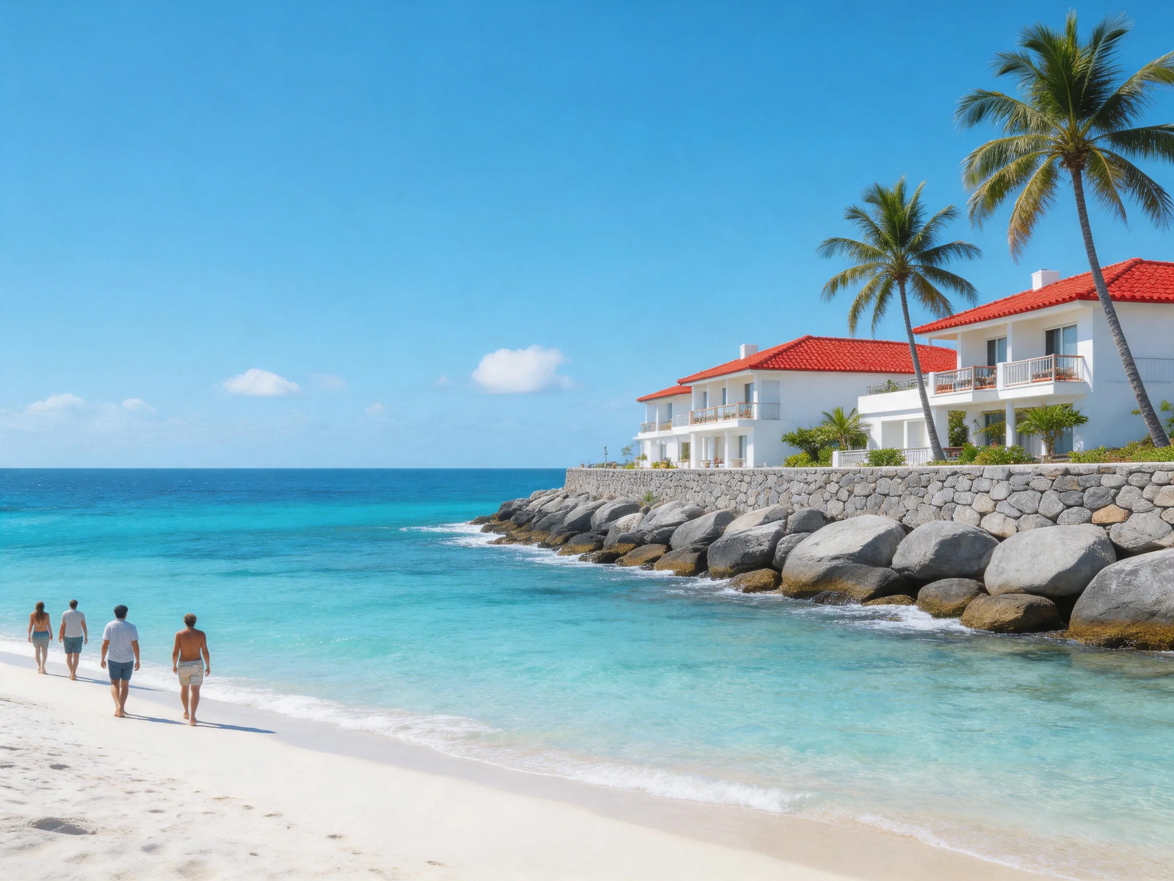 Four people stroll along a pristine white sandy beach near red-roofed resorts