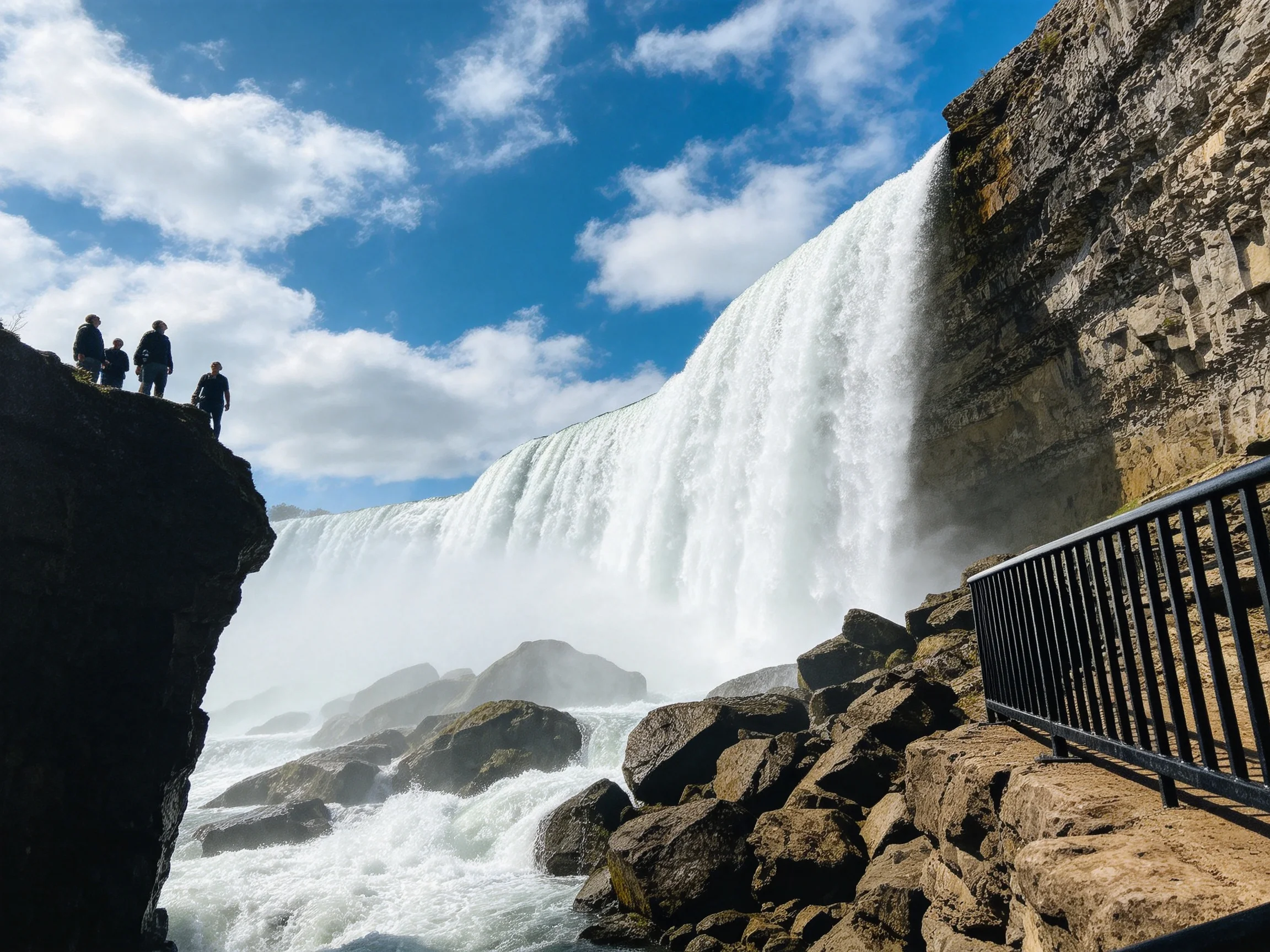 Four people view a massive white waterfall next to rocky cliffs