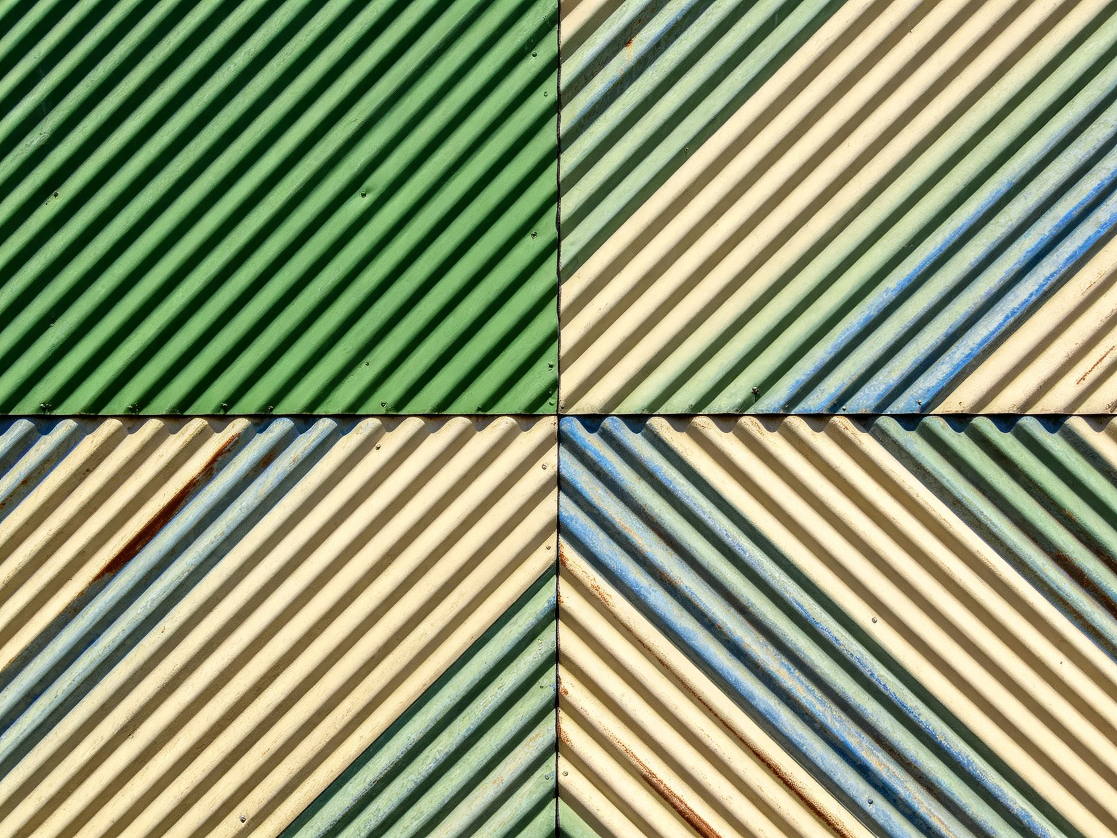 Four quadrants of corrugated metal with varied diagonal stripe colors