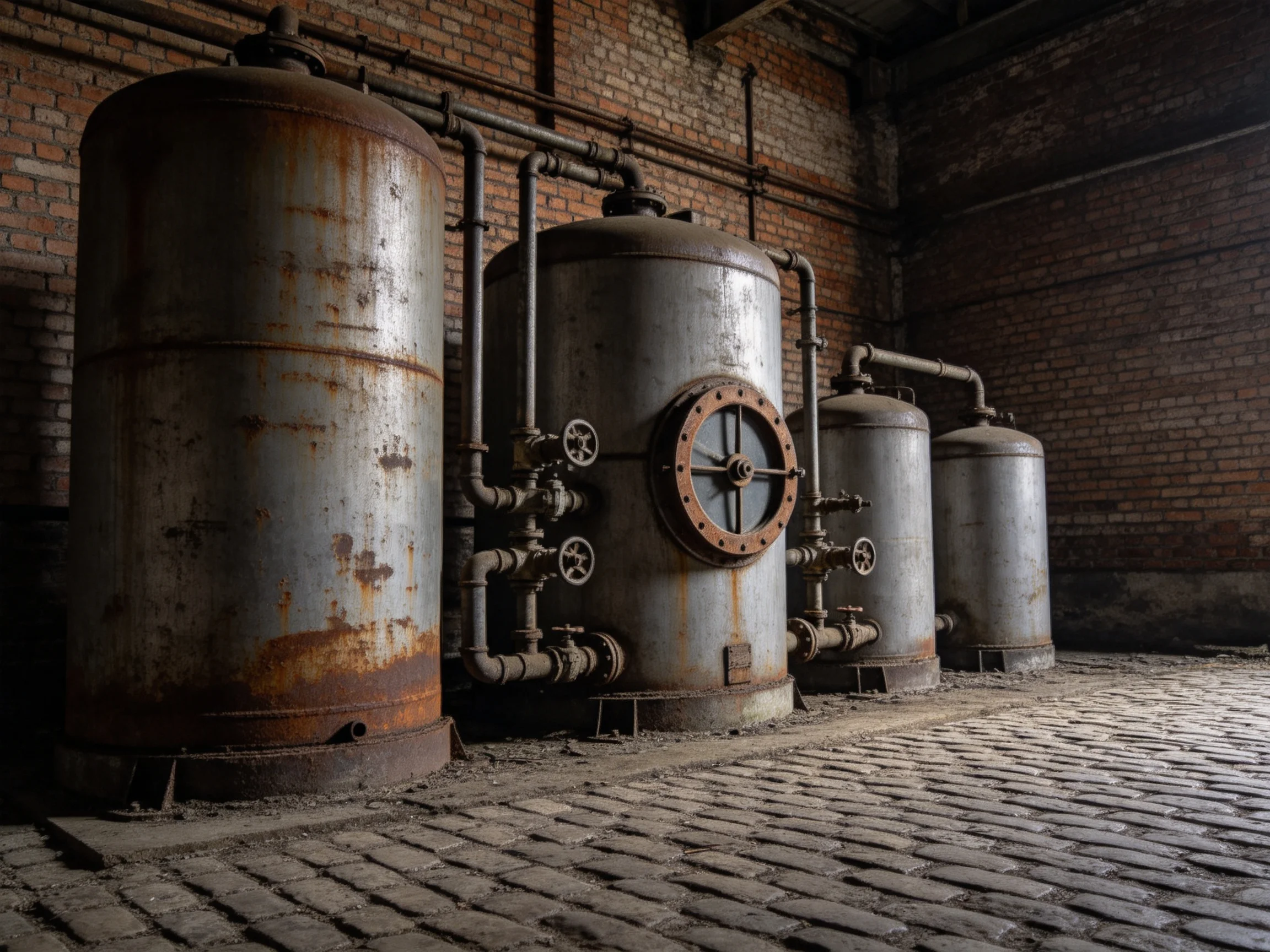 Four rusted industrial tanks beside aged brick walls on cobblestone ground