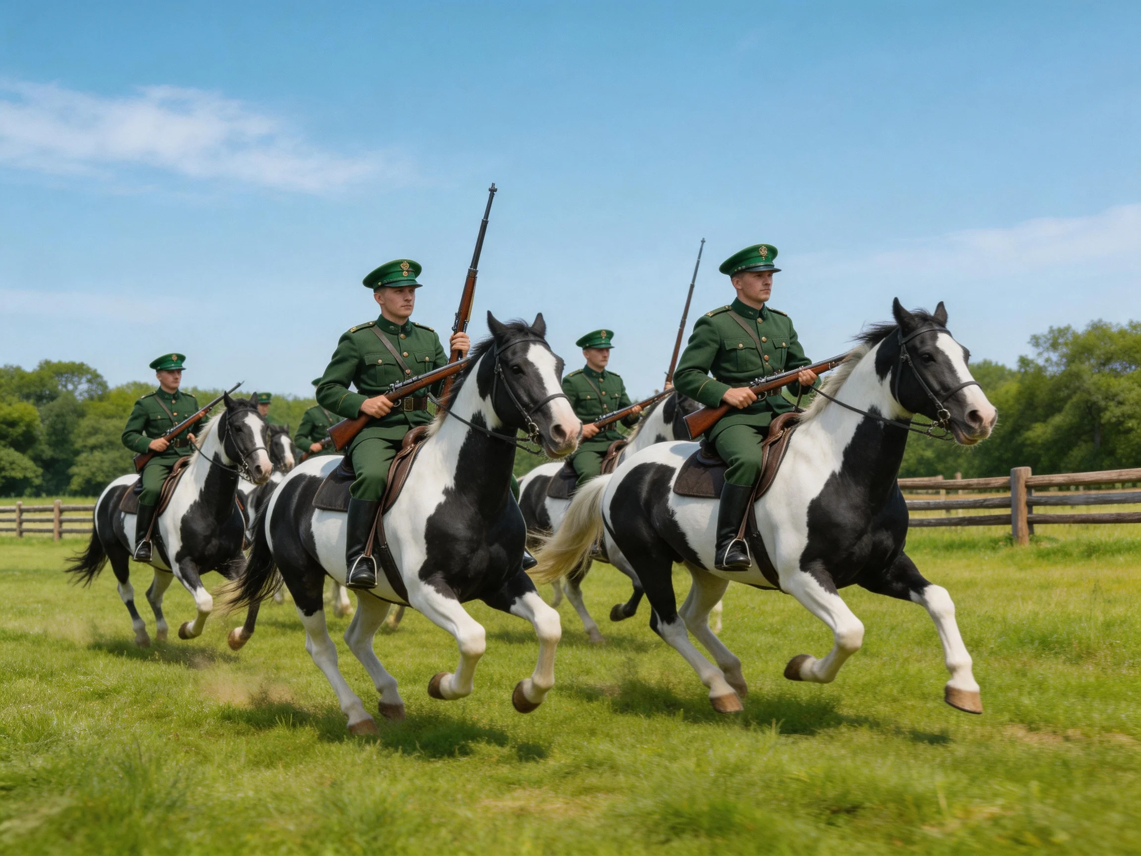 Four soldiers in green uniforms ride black-and-white horses across a grassy field