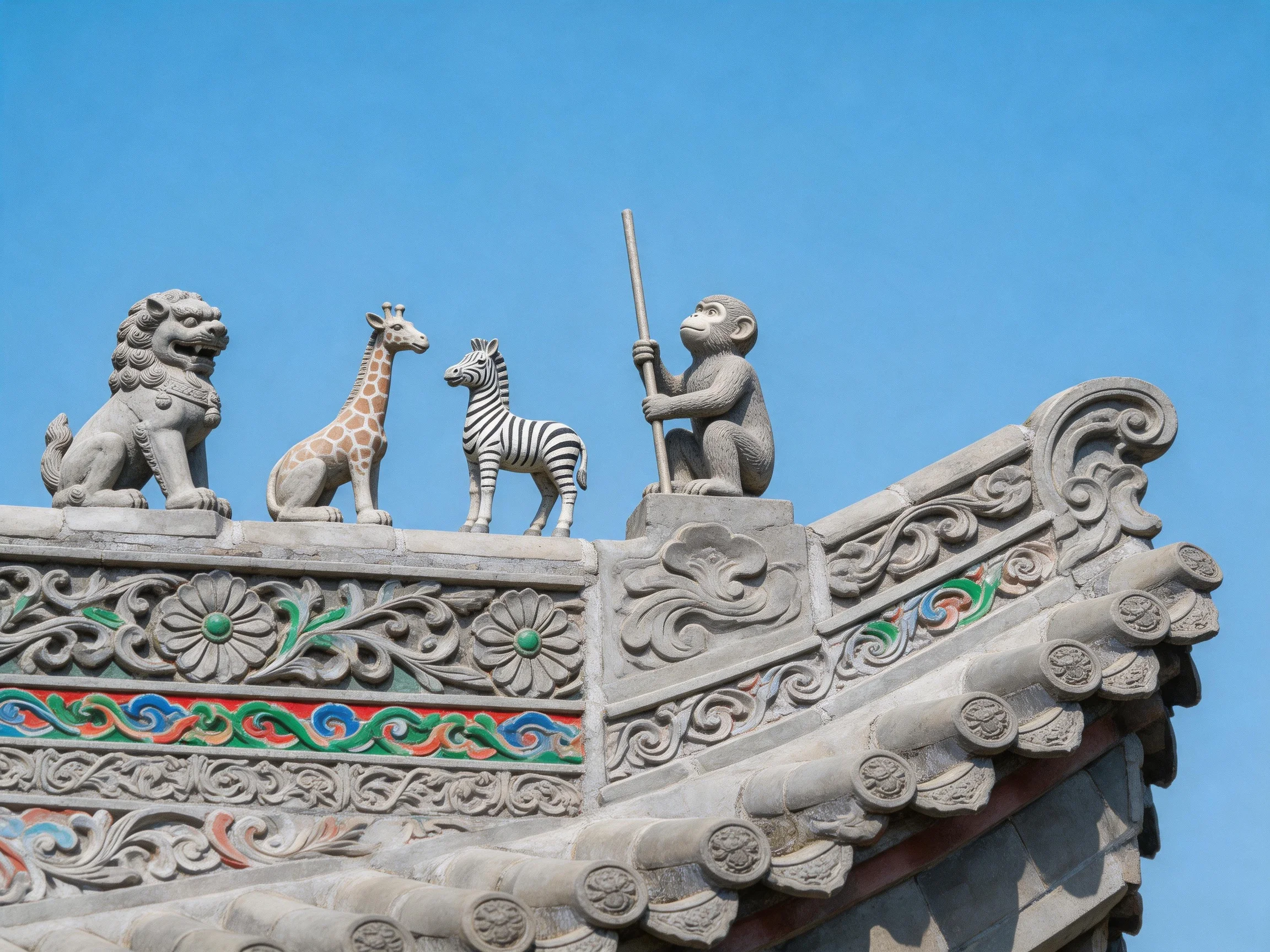 Four stone animal statues atop ornate, multicolored roof decorations