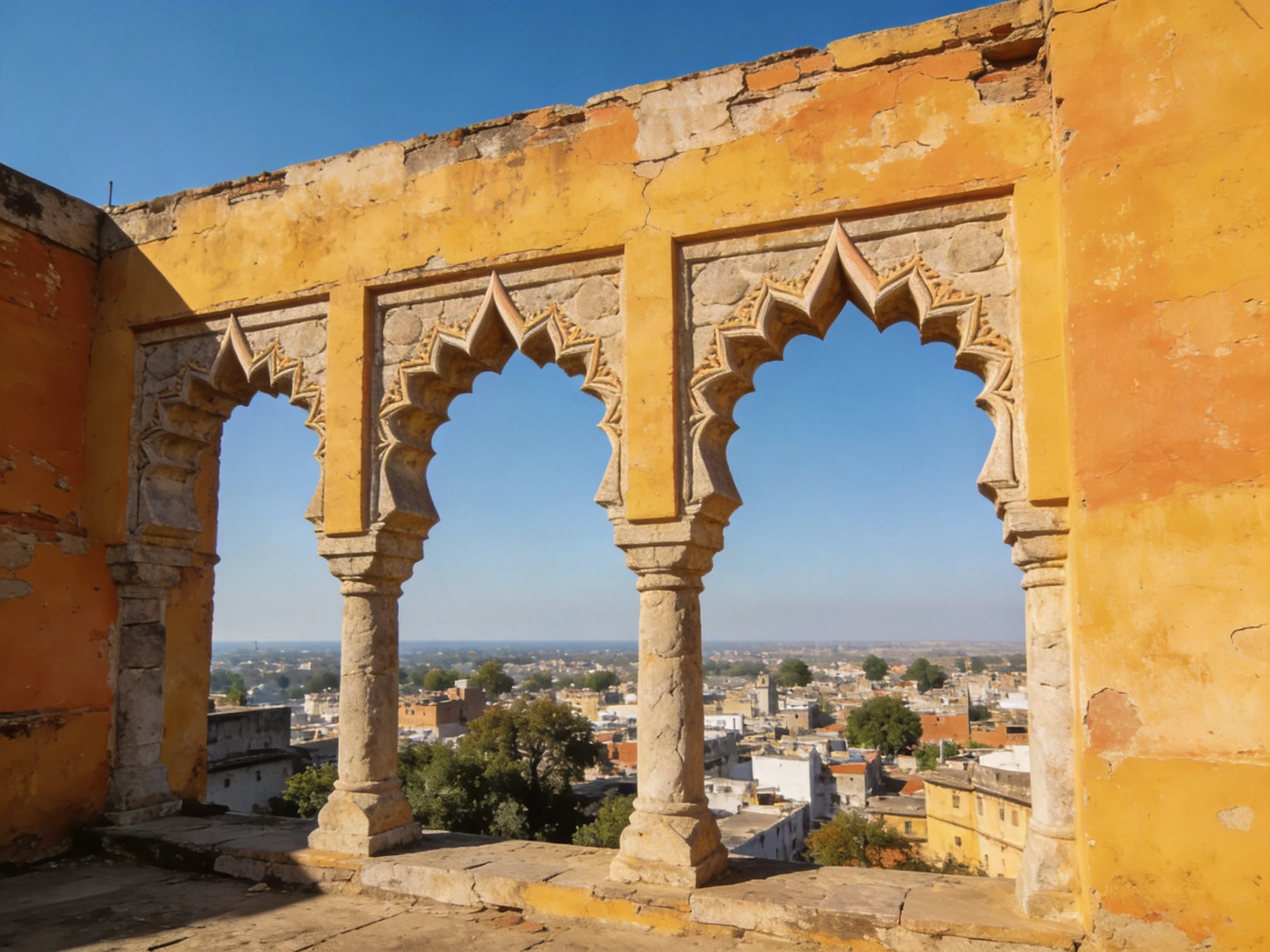 Four stone arches in a yellow-washed ancient wall overlook a town
