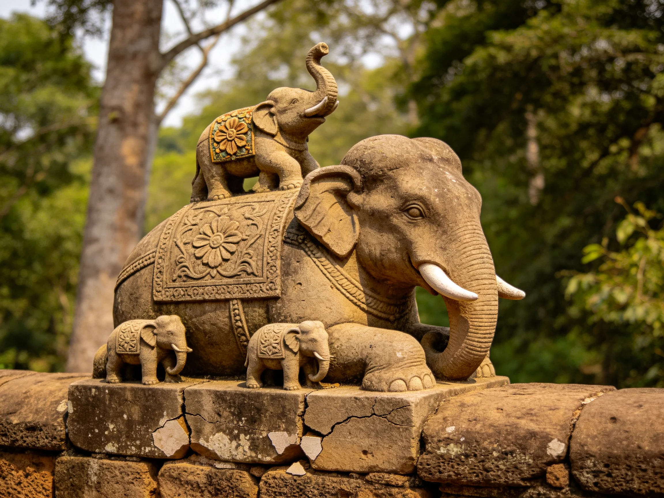 Four stone elephant statues with decorative carvings on an ancient wall