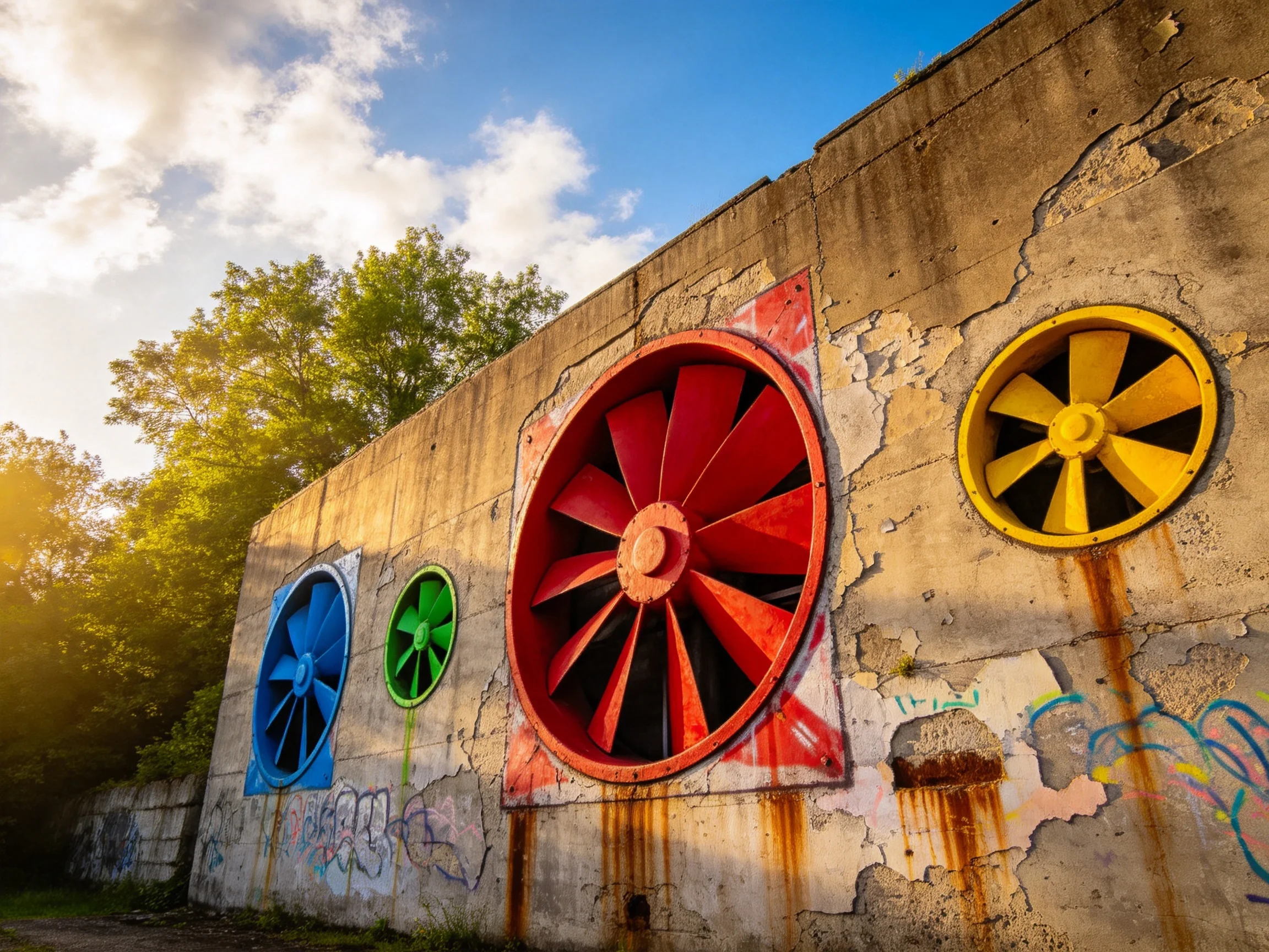 Four vibrant industrial fans adorn a weathered concrete wall