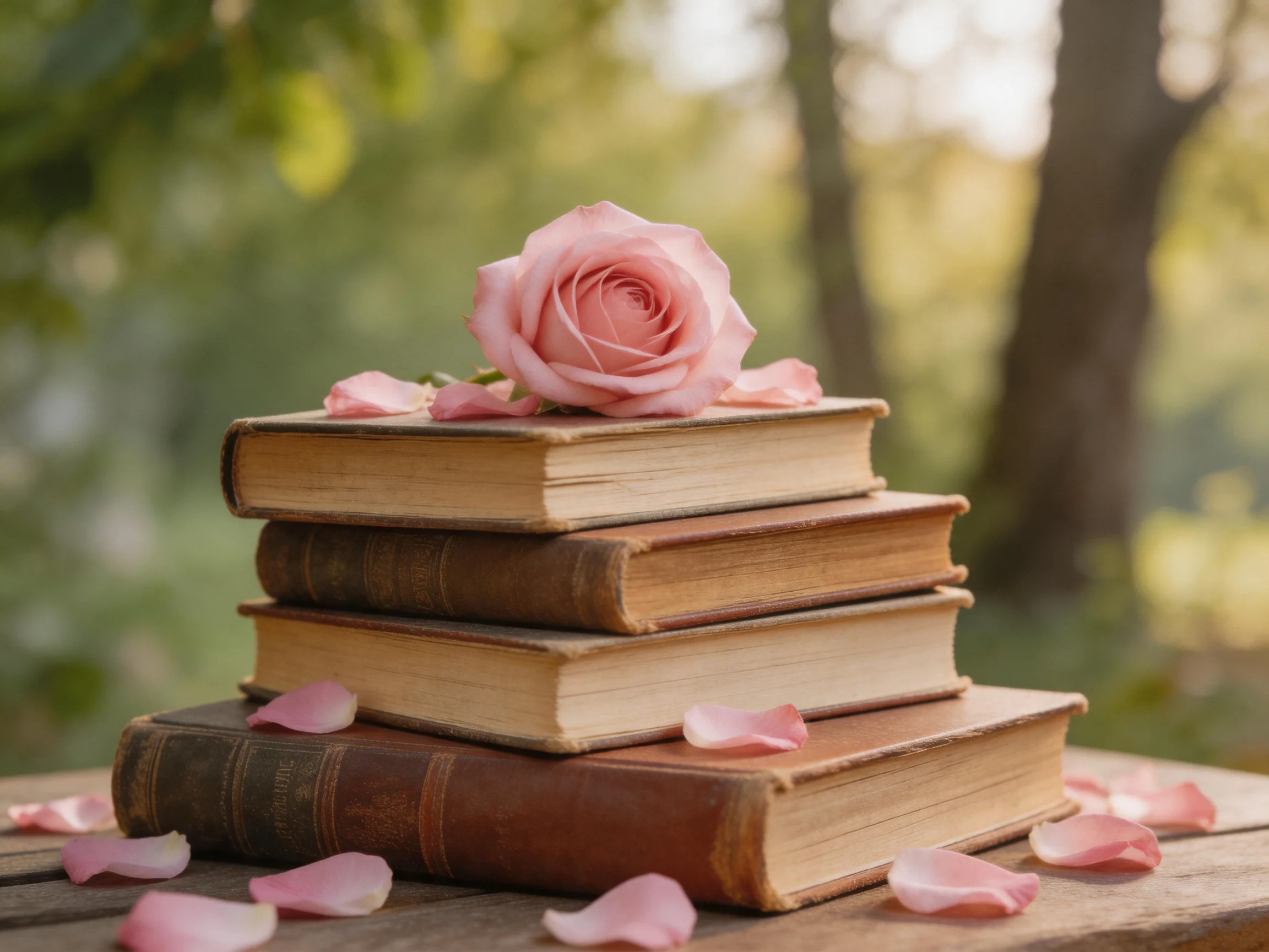 Four vintage books stacked with a pink rose and scattered petals outdoors