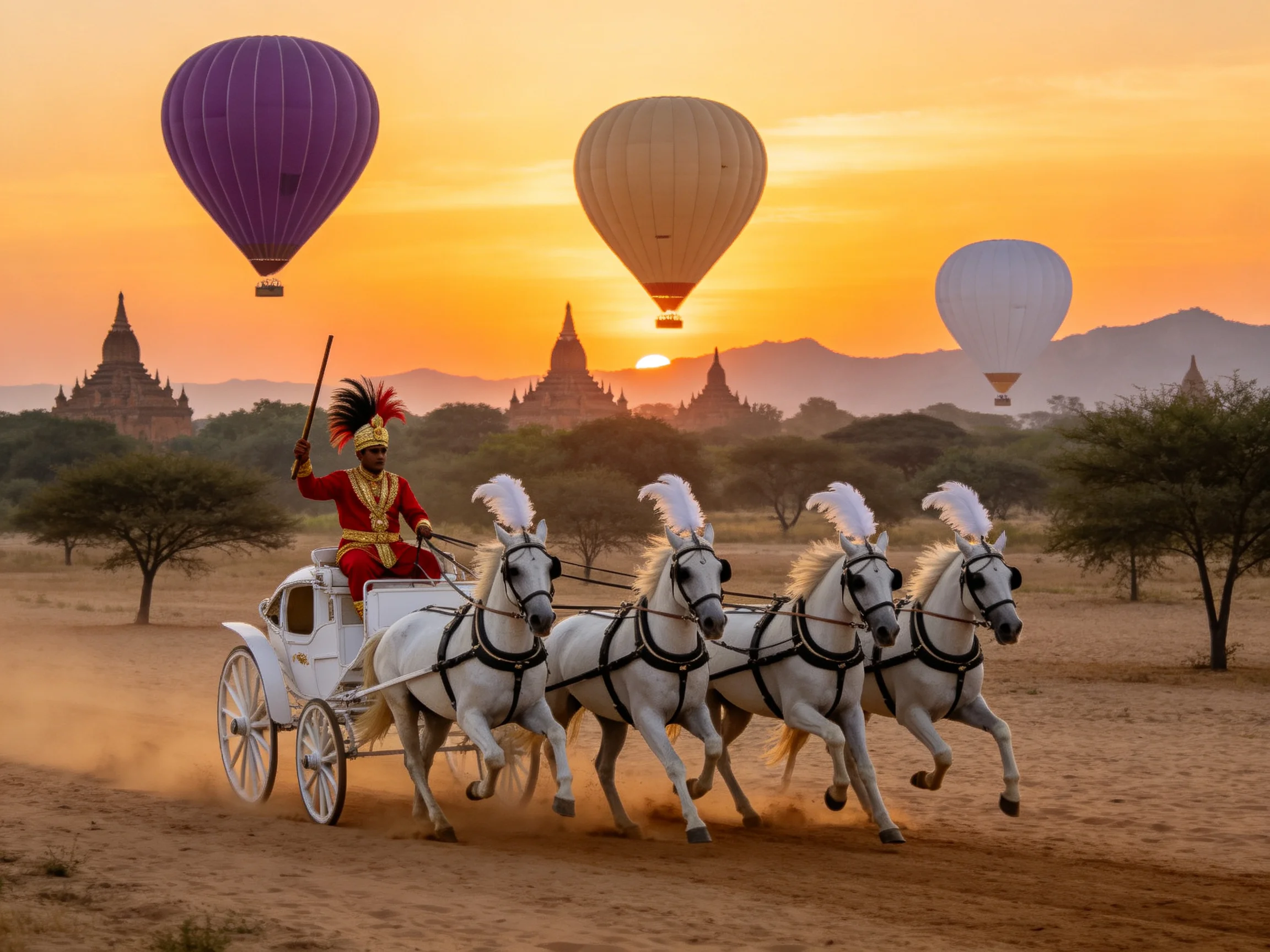 Four white horses pull a carriage near colorful hot air balloons at sunset