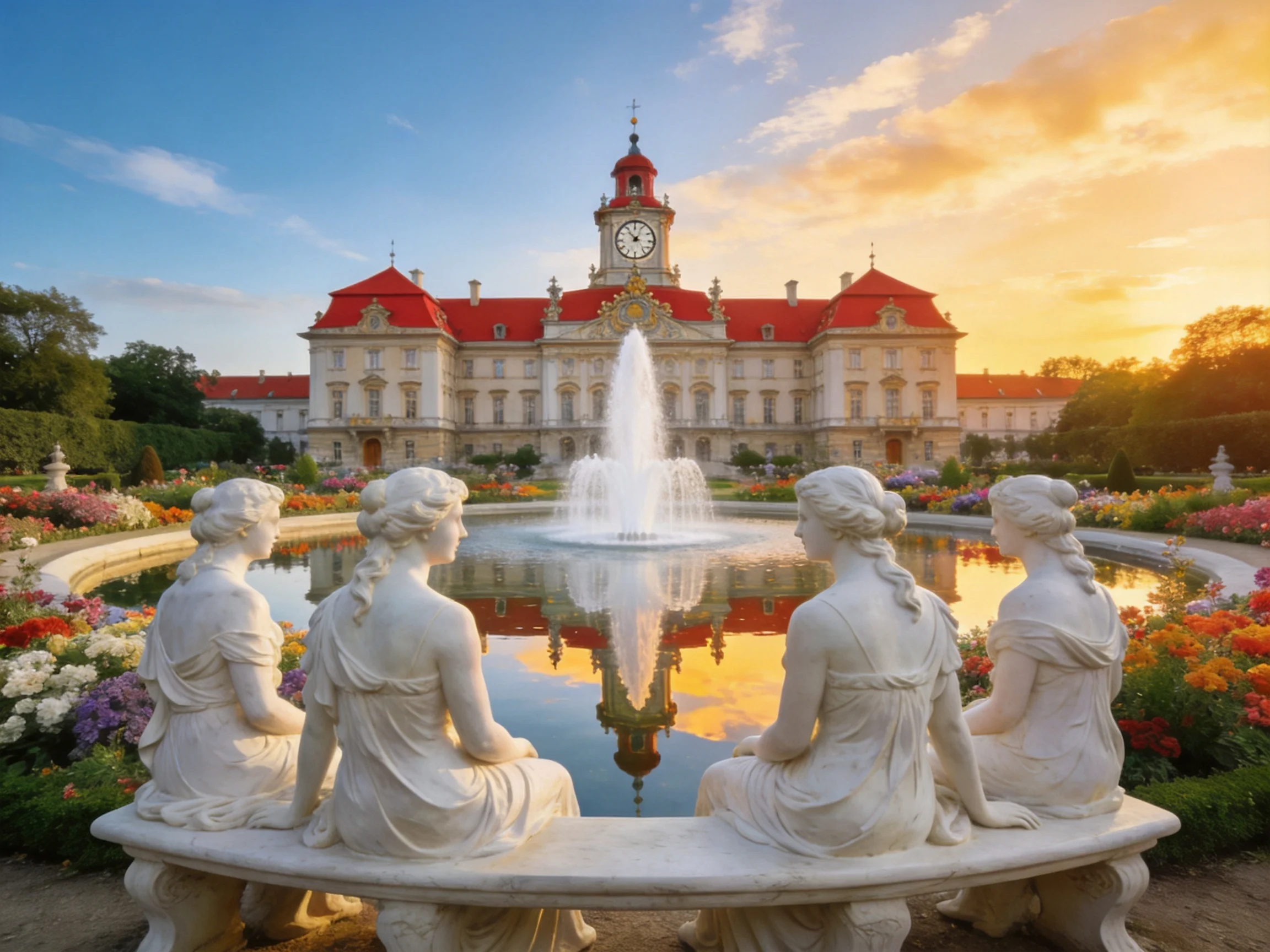 Four white statues near a fountain by a red-roofed palace