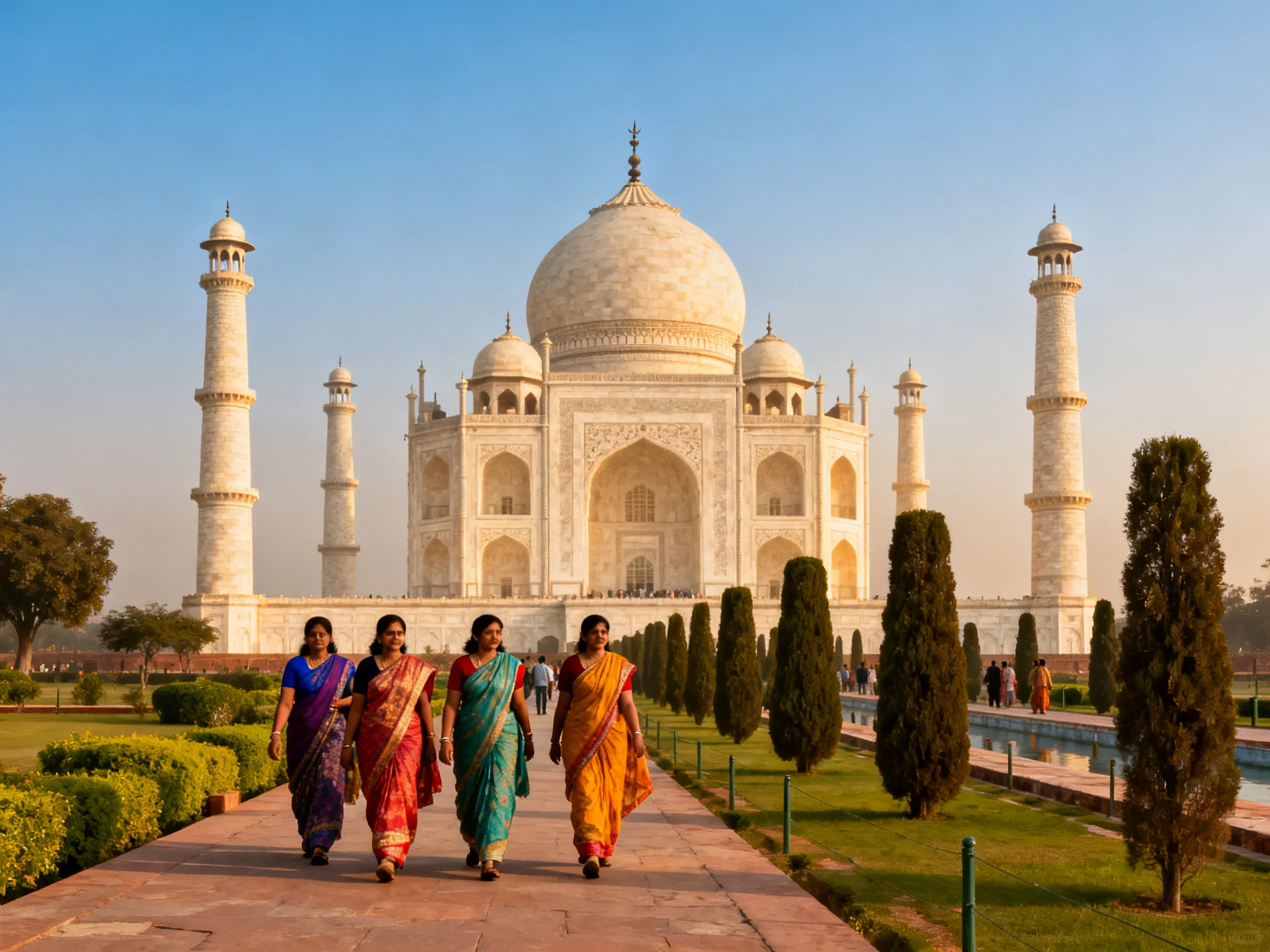 Four women in colorful saris walk toward the iconic Taj Mahal