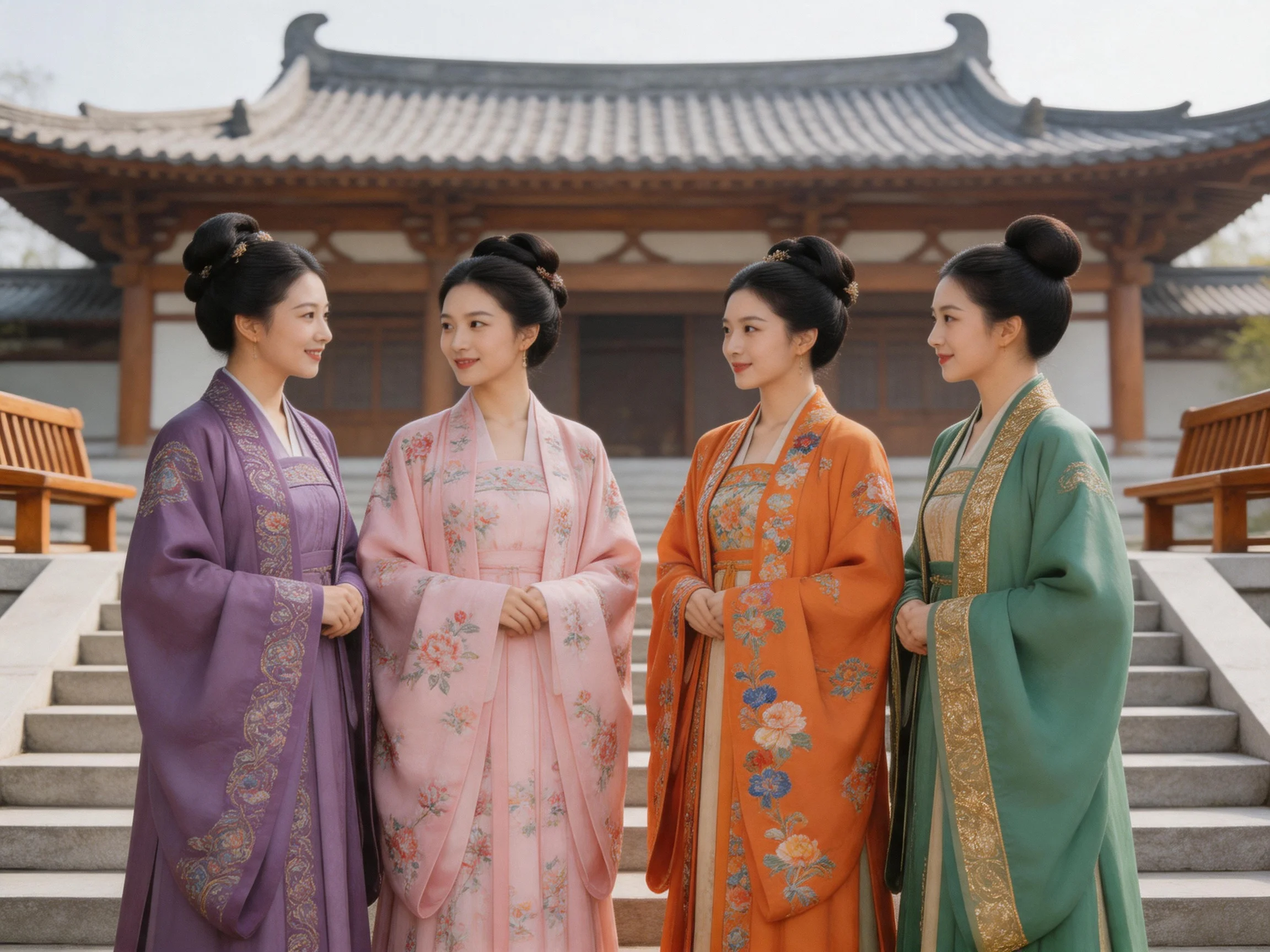 Four women in colorful traditional dresses stand by ancient temple steps