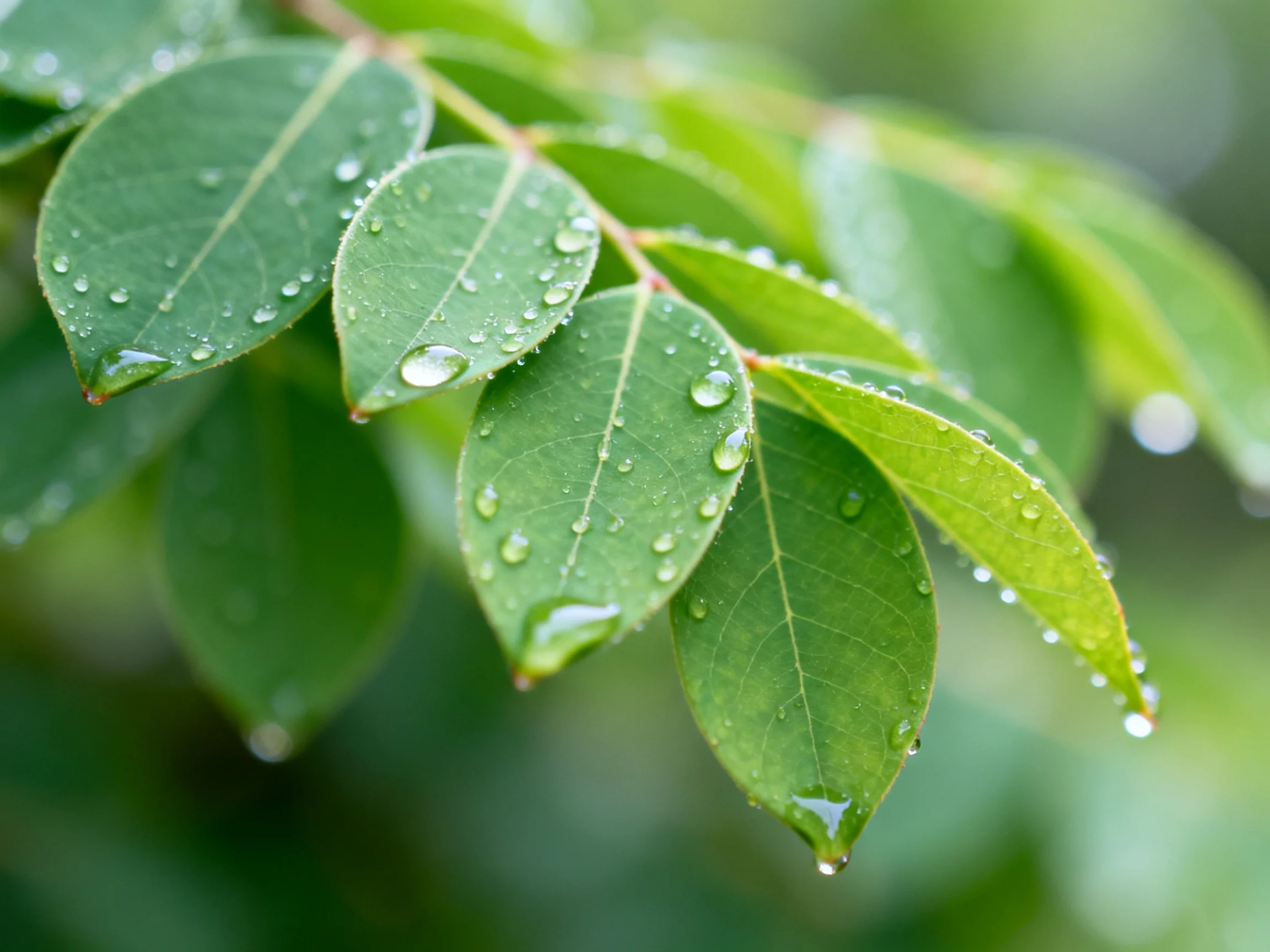 Fresh green leaves with clear water droplets