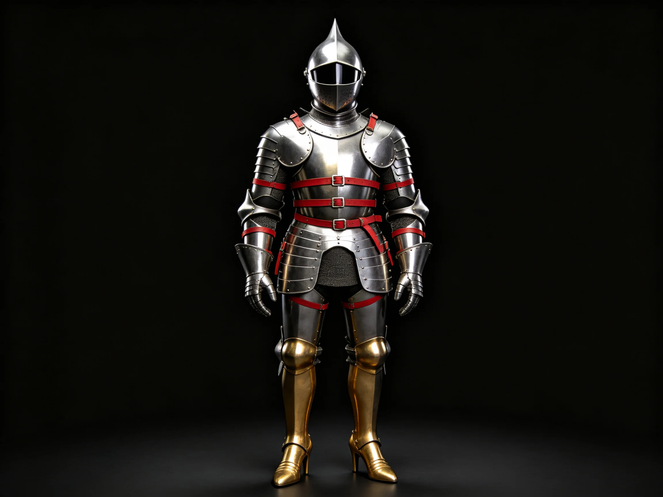 Full-body medieval armor in silver, gold, and red accents