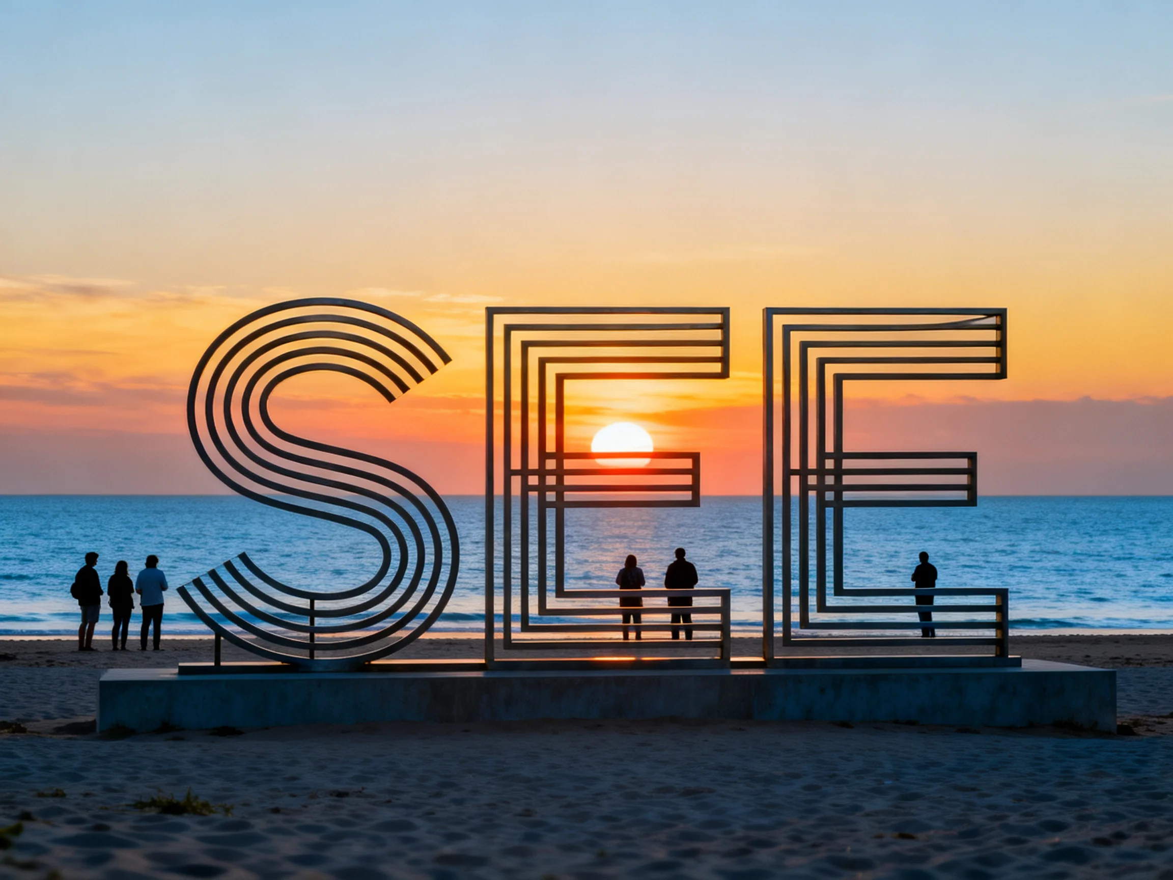 Giant SEE metal letters on a sandy beach at sunset