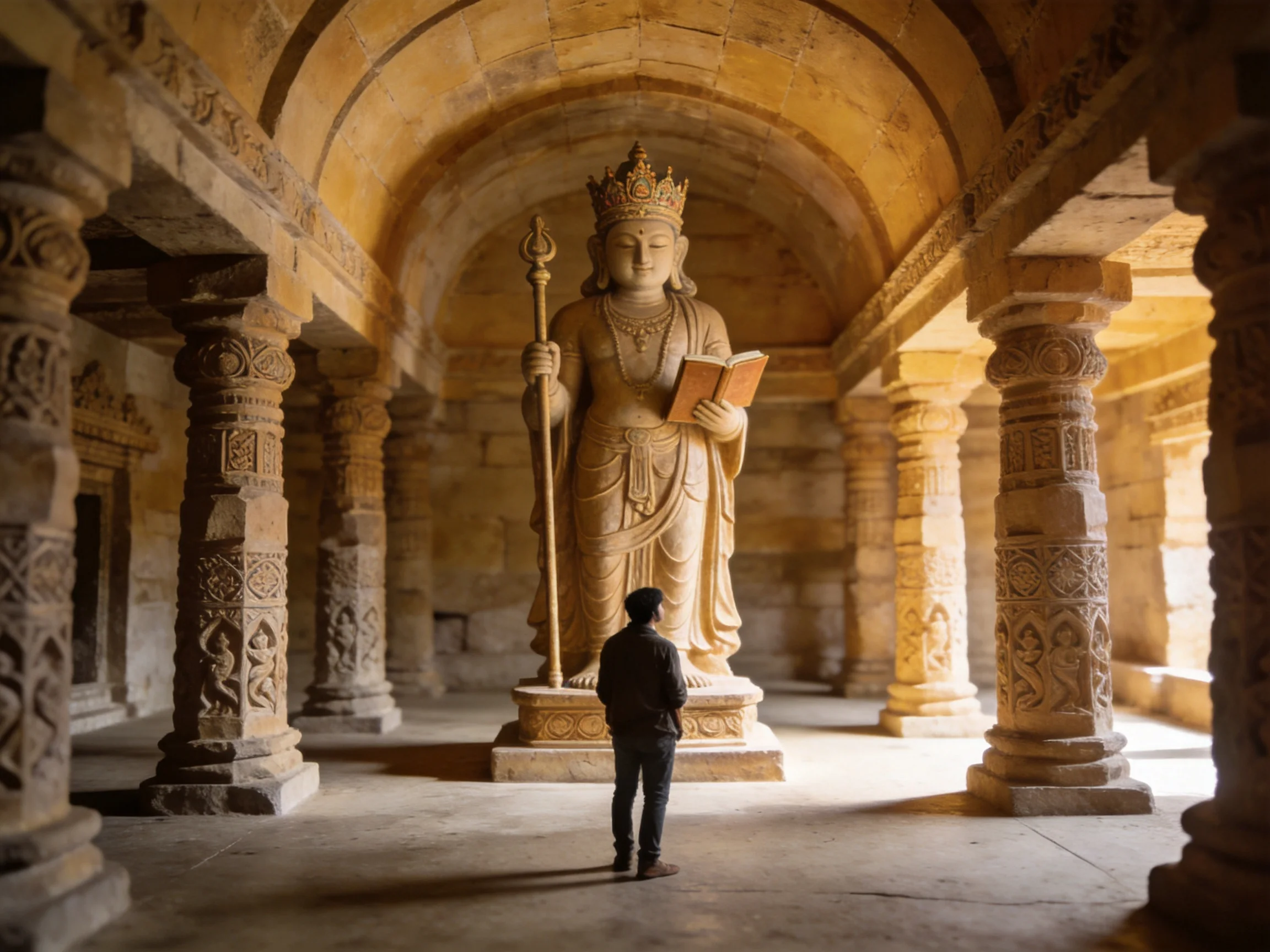 Giant Stone Deity Statue Within Intricately Carved Ancient Hall