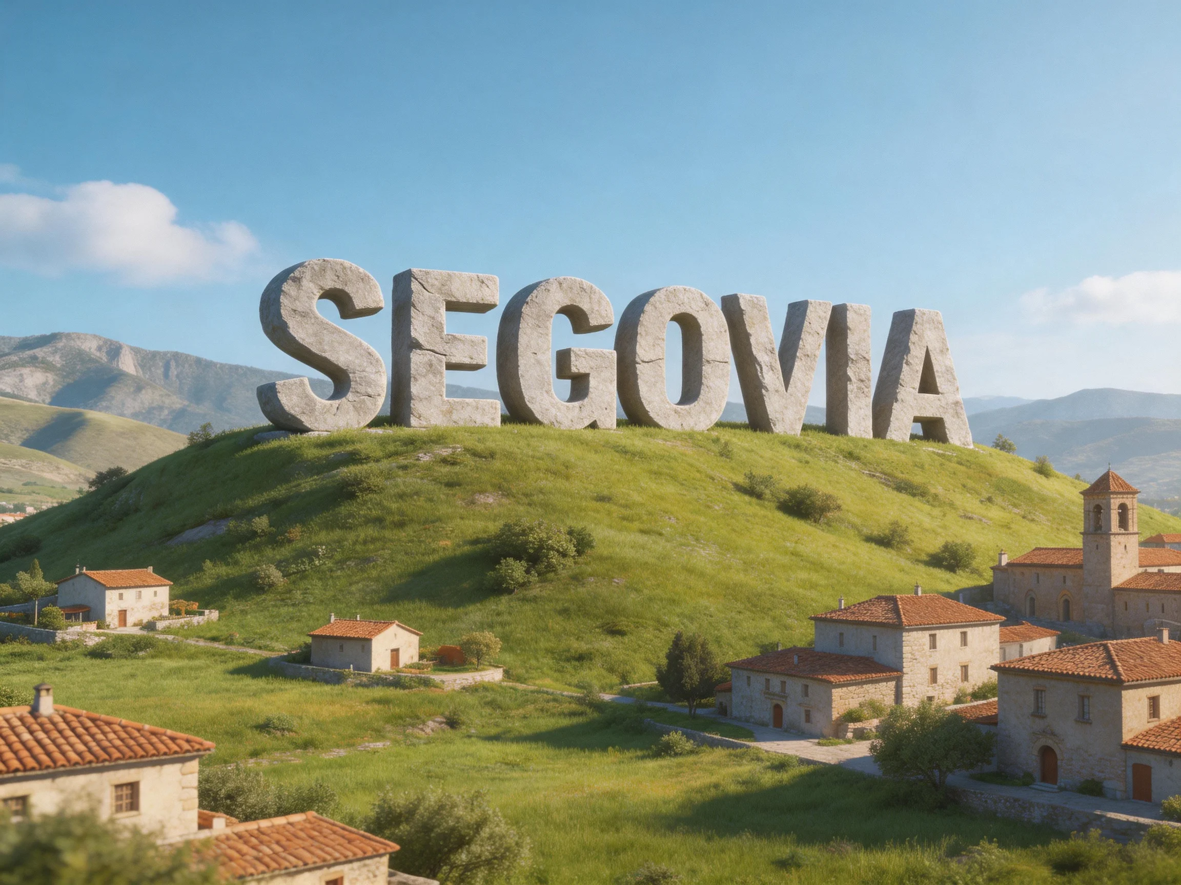 Giant stone SEGOVIA letters atop a lush hill near traditional village