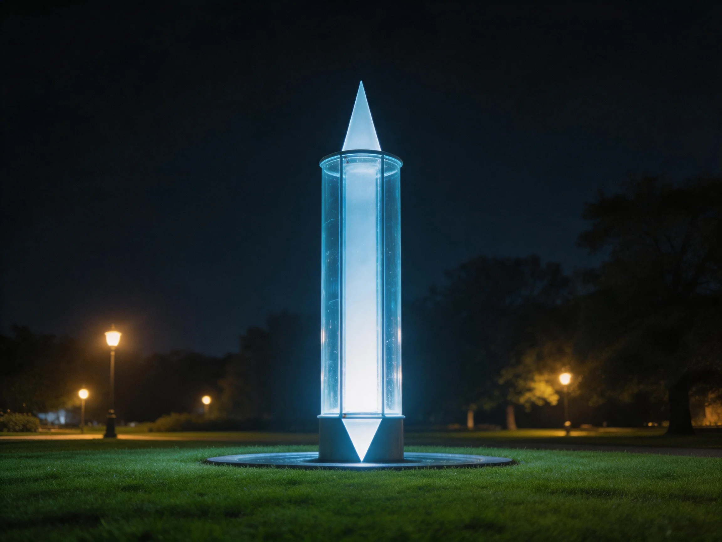 Glowing Glass Sculpture Illuminates Nighttime Park