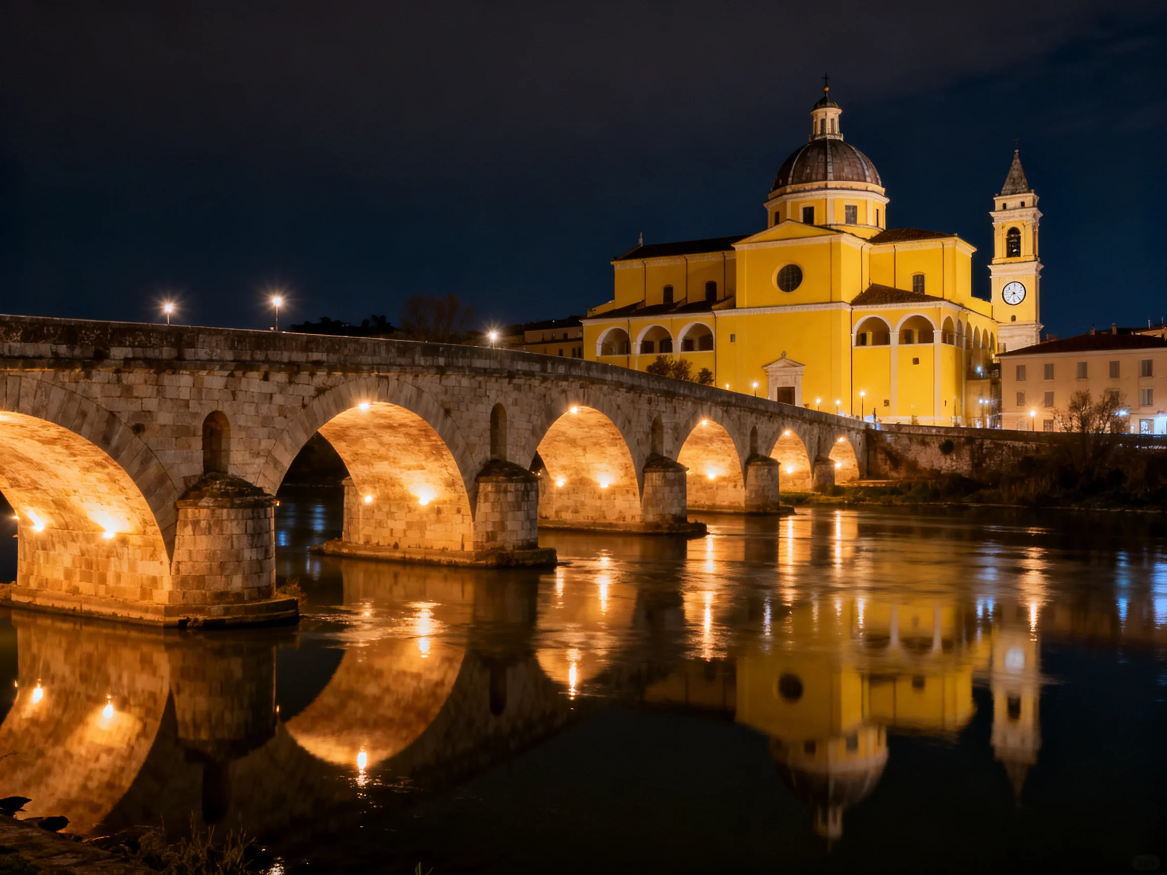 Glowing yellow church beside illuminated stone bridge over calm water