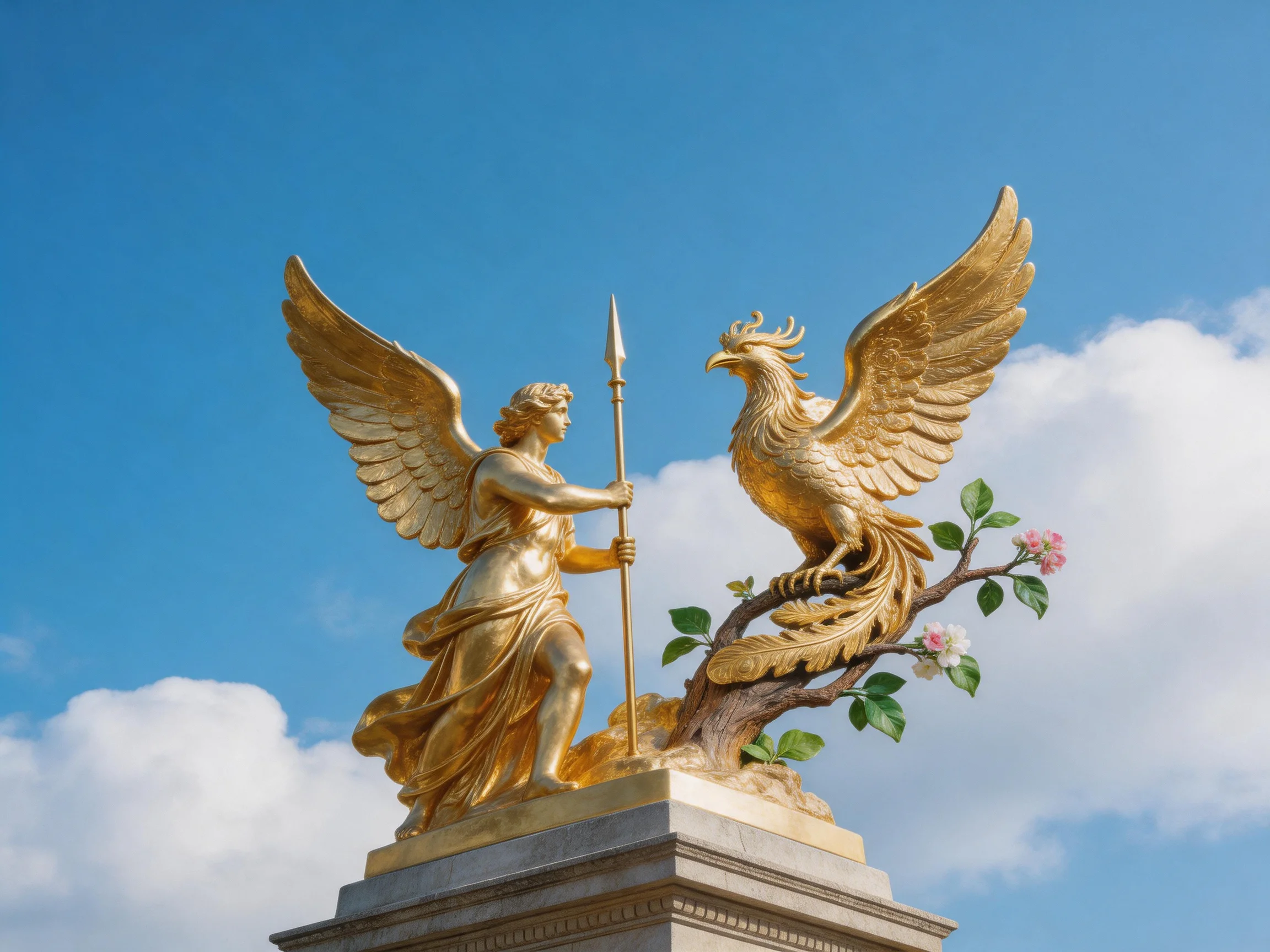 Golden Angel and Phoenix Sculpture on Stone Pedestal Under Blue Sky