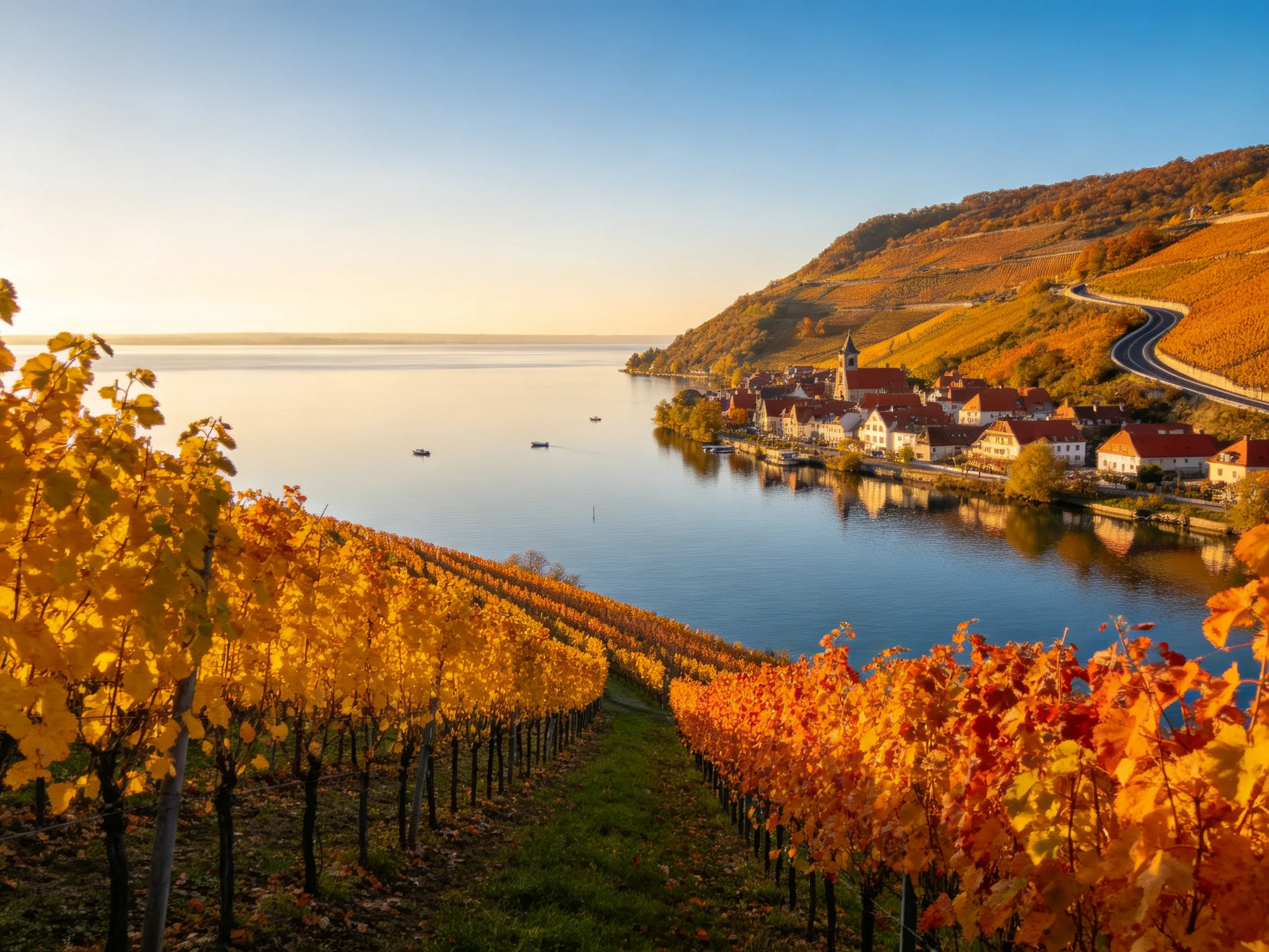 Golden Autumn Vineyards by a Calm Lake Near a Hillside Village