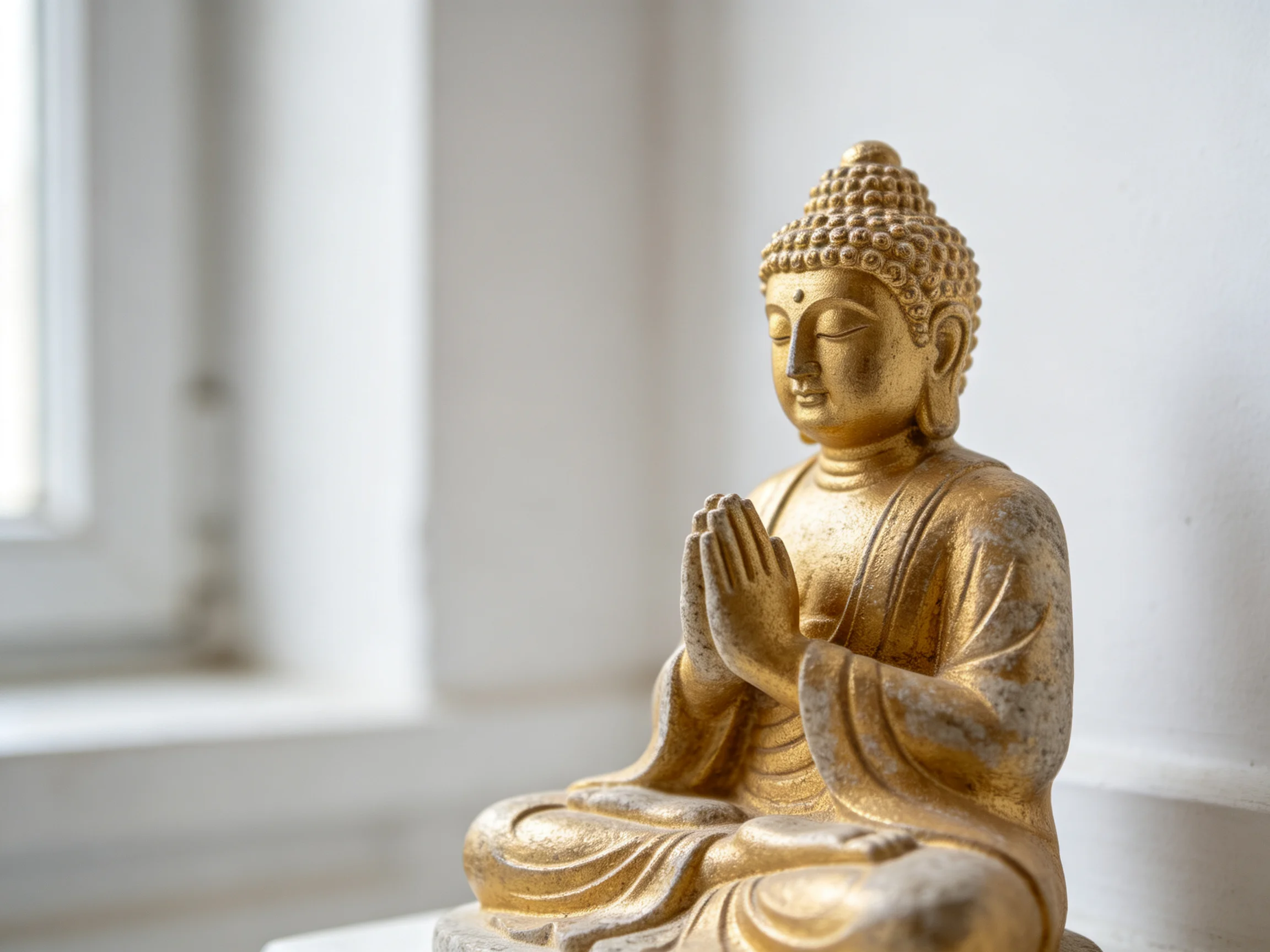 Golden Buddha Statue in Prayer Pose Near Bright Window