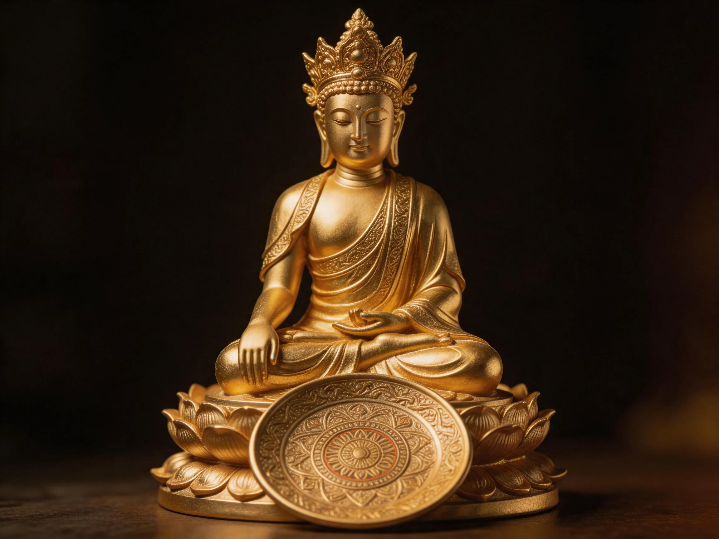Golden Buddha Statue with Intricate Lotus Base and Decorative Plate