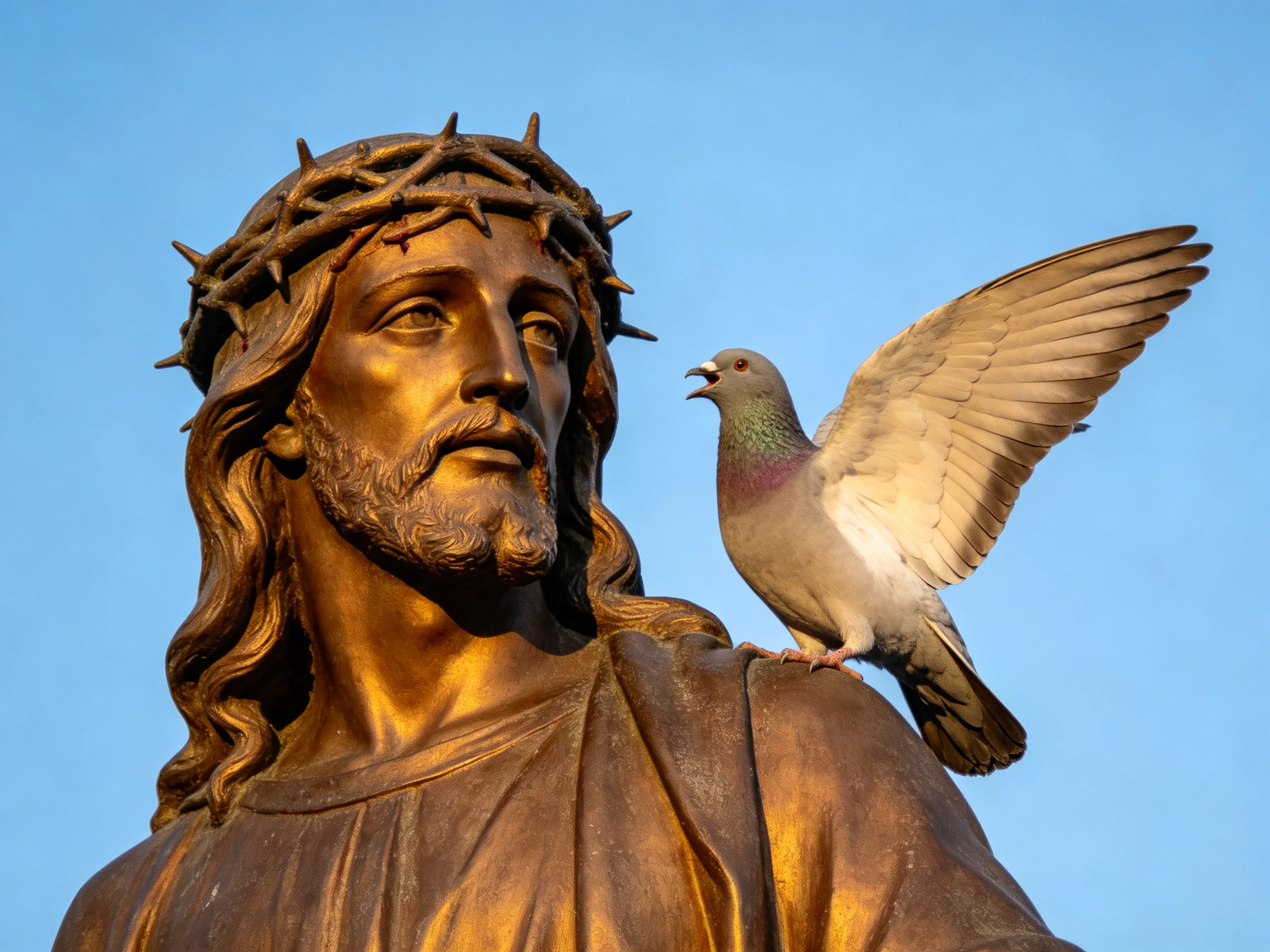 Golden Christ Statue with a Gray Pigeon Under Clear Blue Sky