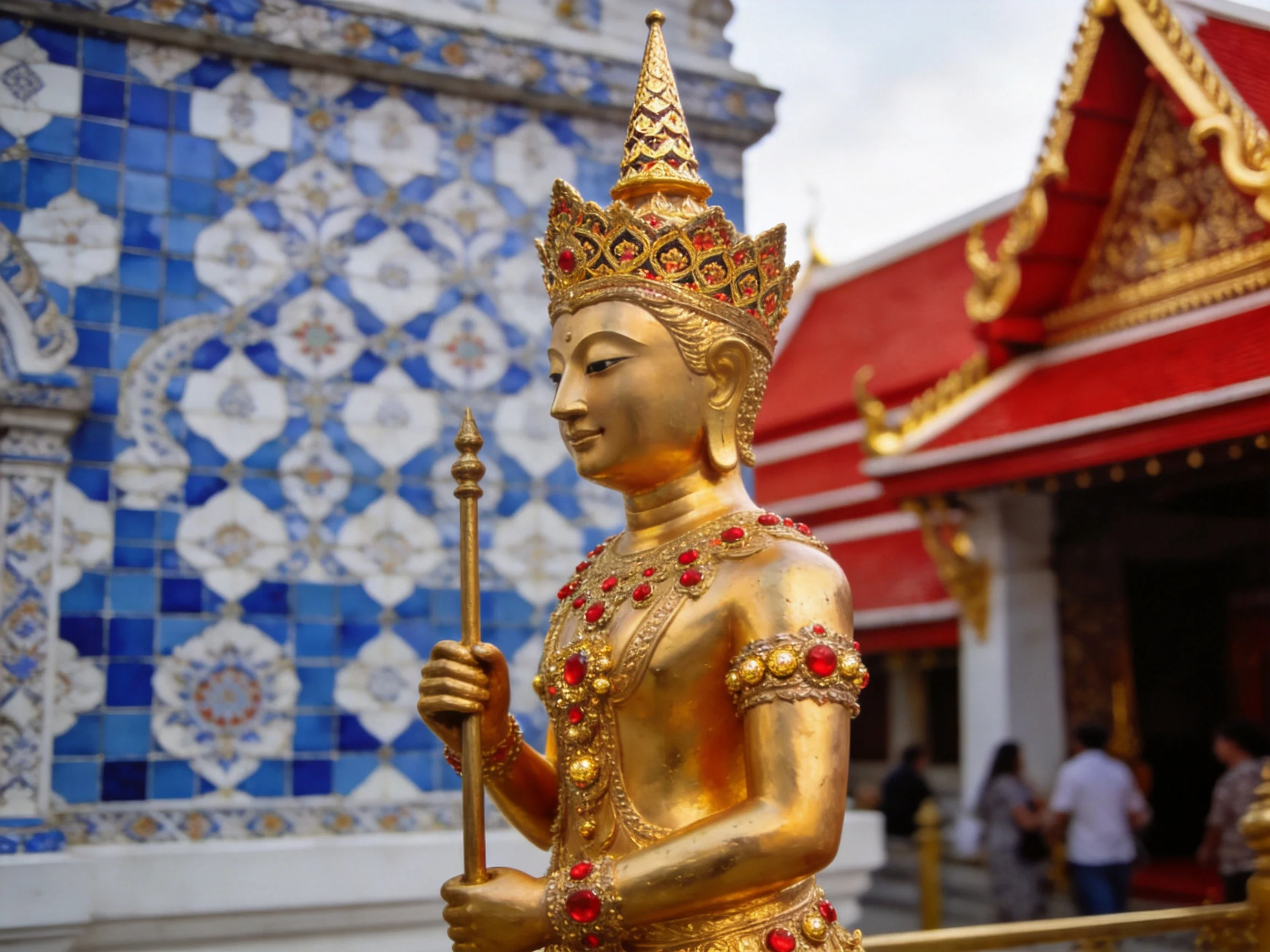 Golden Deity Statue by Blue Tile Mosaic and Red Temple Roof