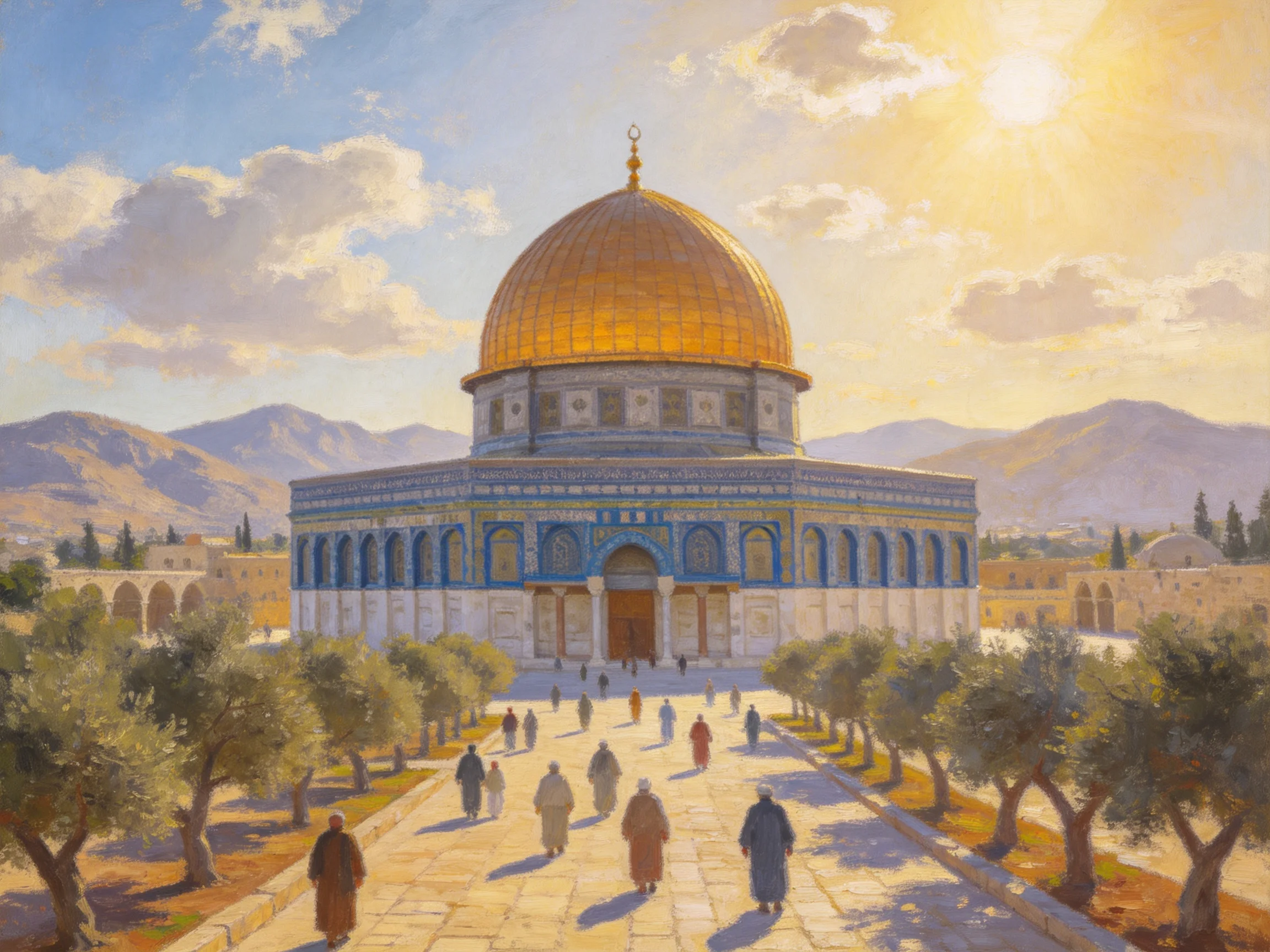 Golden-Domed Historic Structure Near Olive Trees and Mountains