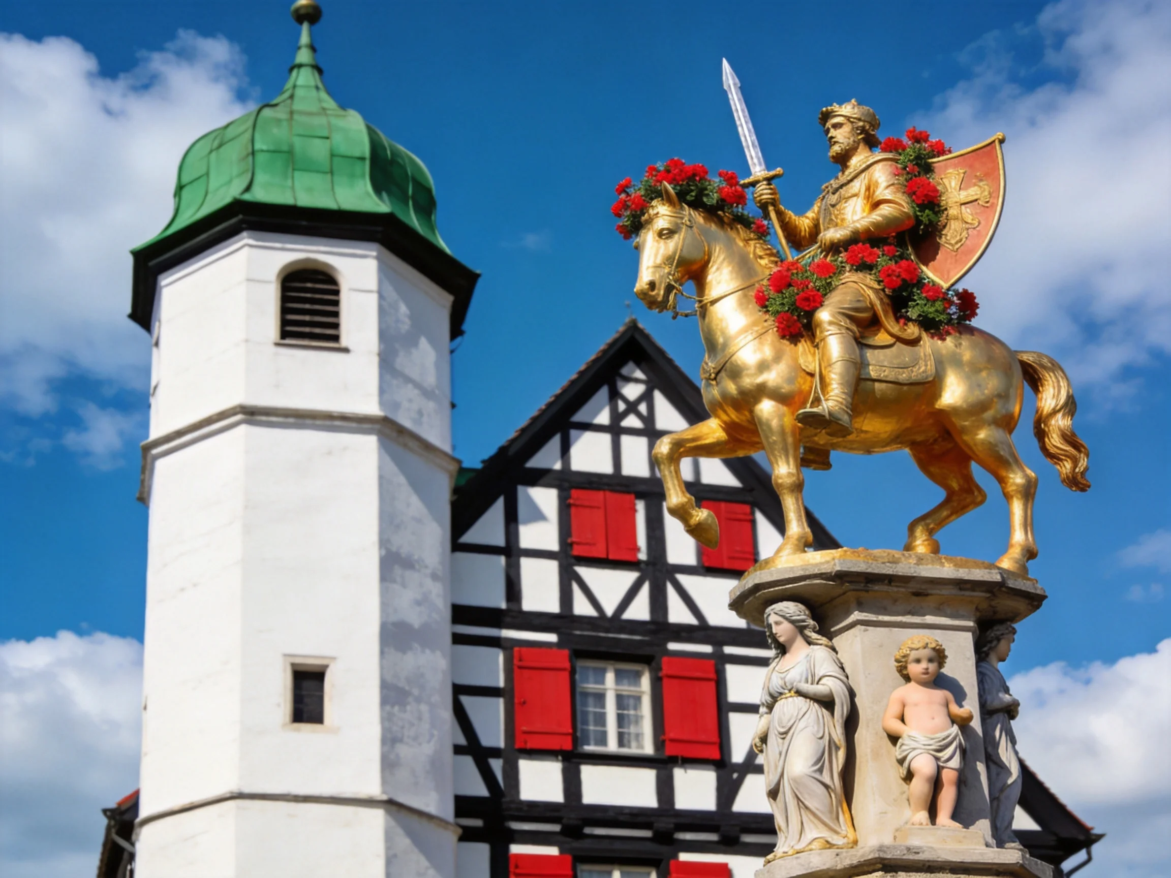 Golden Equestrian Statue Near White Tower and Timber-Framed Building