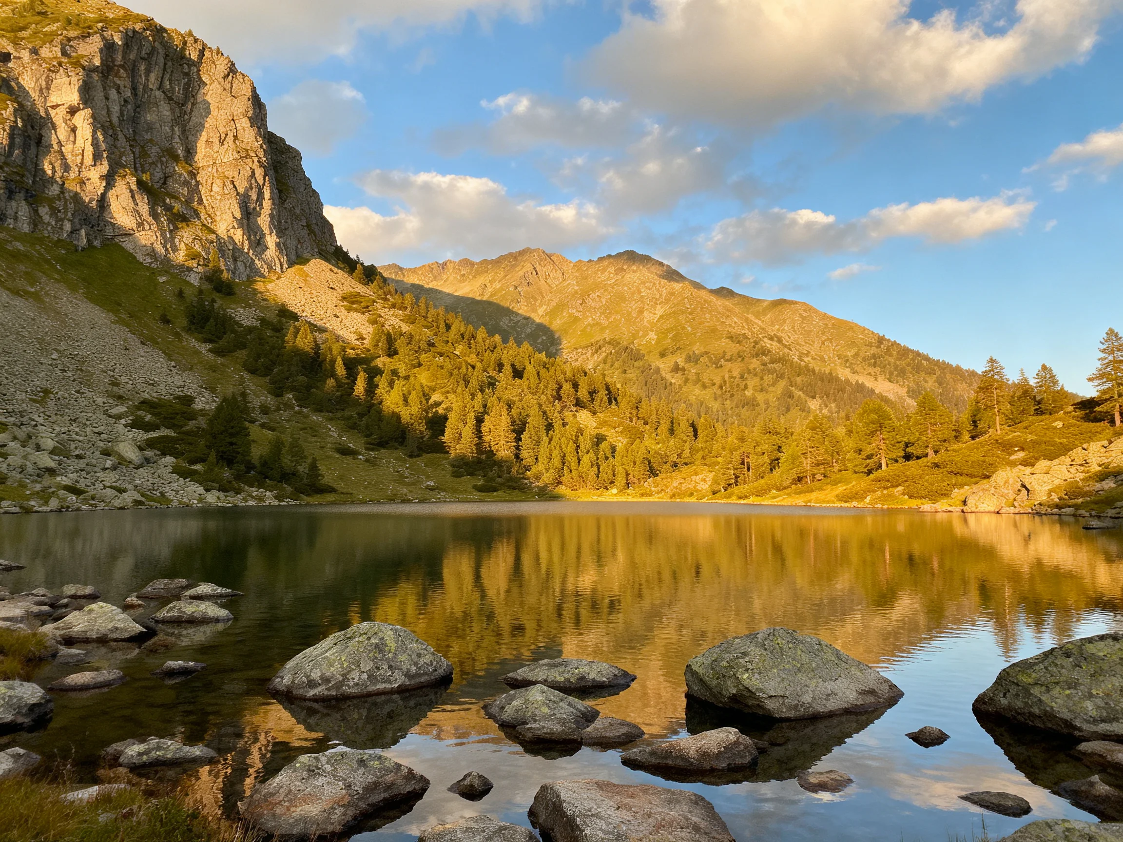 Golden Light Reflects Off Mountain Lake With Scattered Rocks