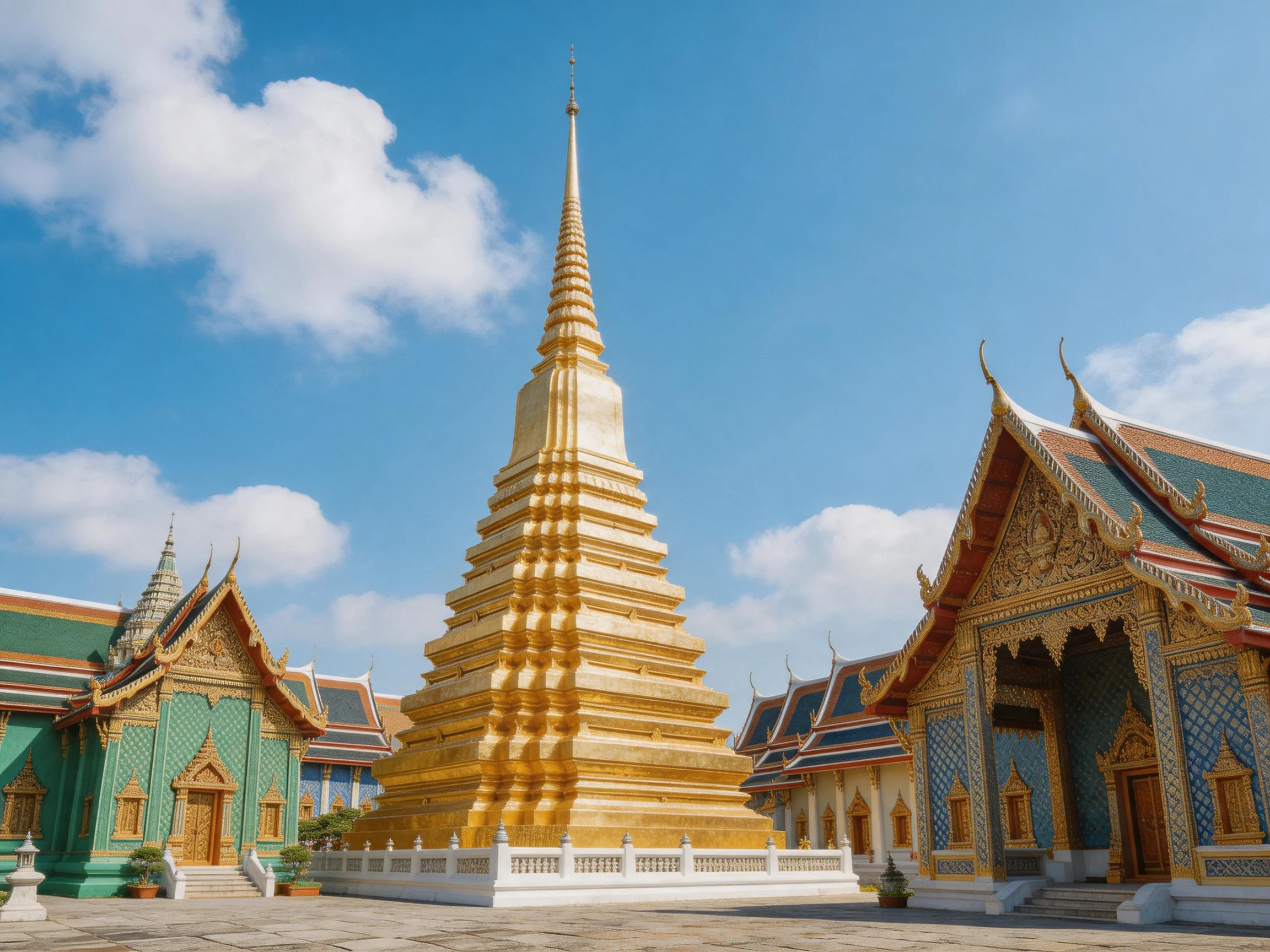 Golden Pagoda Among Ornate Multicolored Thai Temples