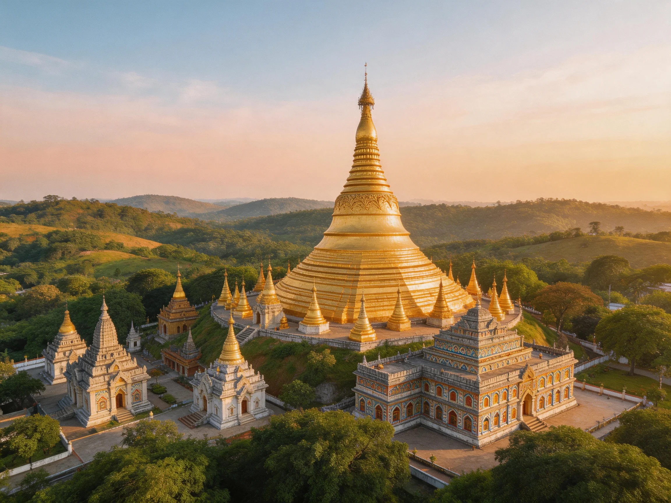 Golden Pagoda Complex With Multiple Ornate Temples Among Rolling Green Hills