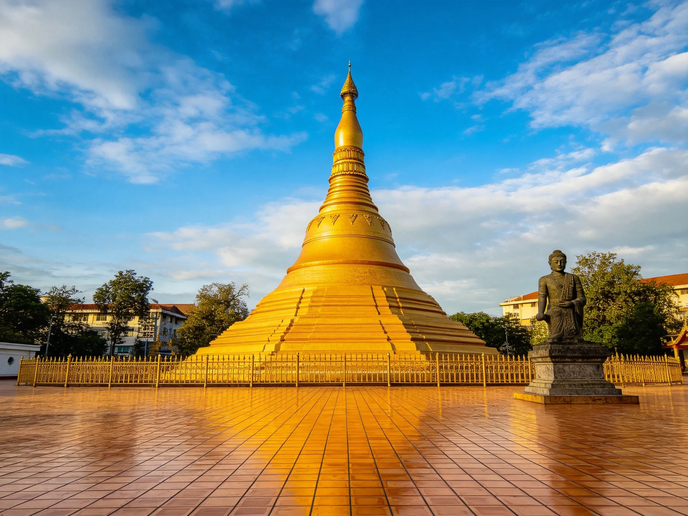 Golden Pagoda and Buddha Statue in a Sunny Plaza