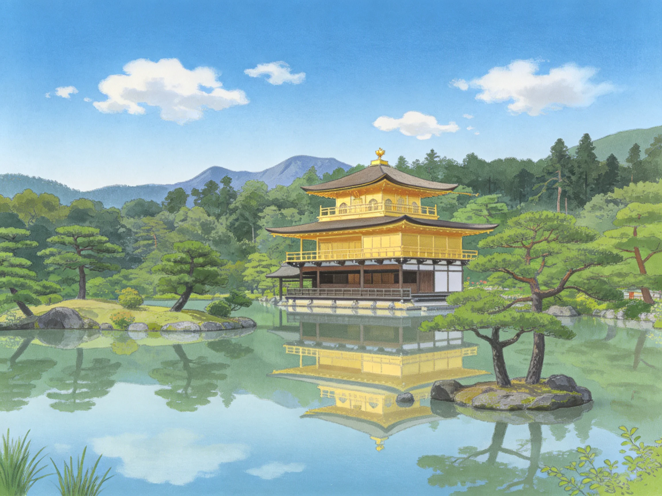 Golden Pagoda by a Calm Lake Amid Verdant Nature