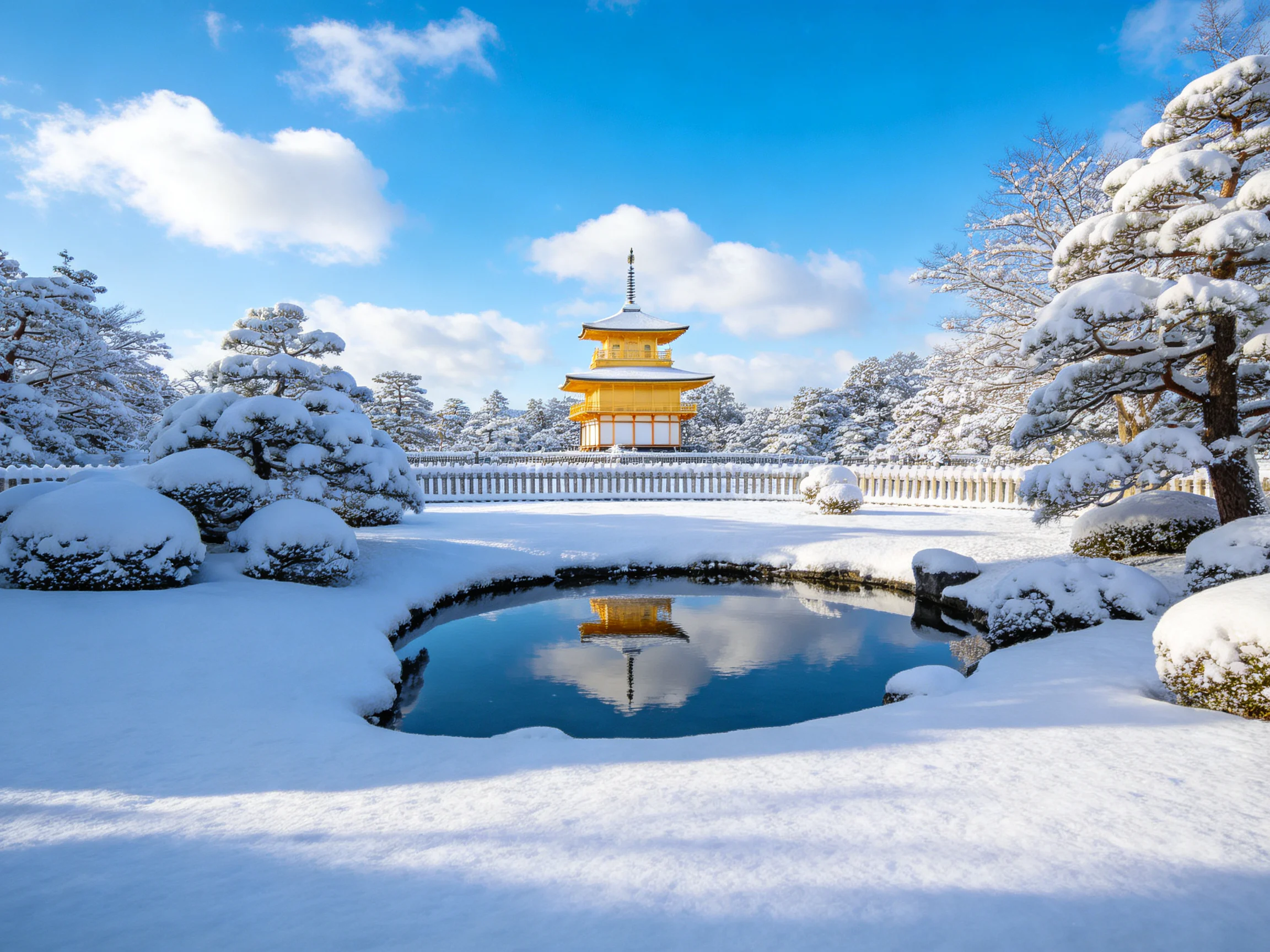 Golden Pagoda in a Snow-Covered Garden Near a Reflective Pond