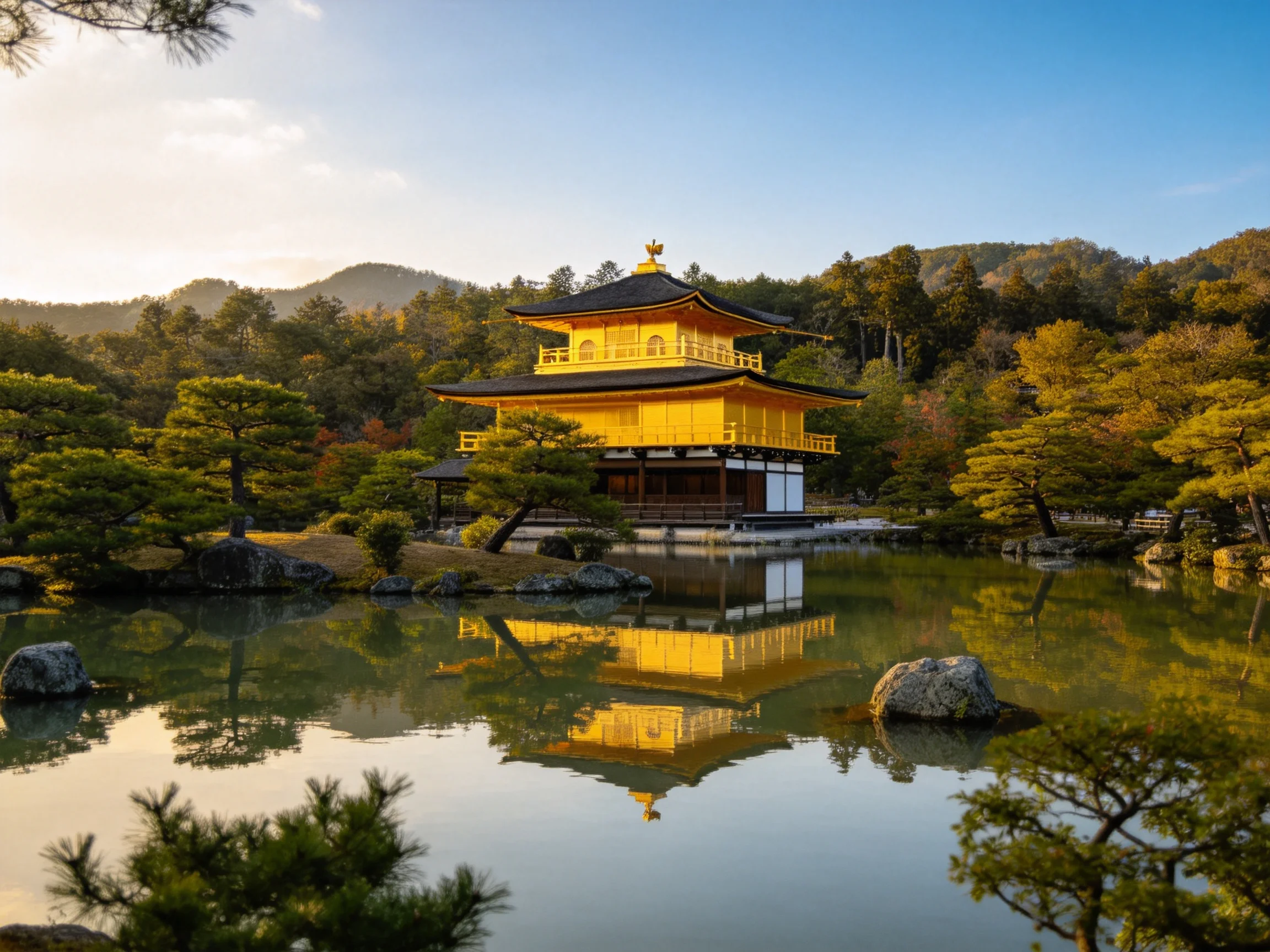 Golden Pavilion Reflects in Serene Pond Among Lush Vegetation